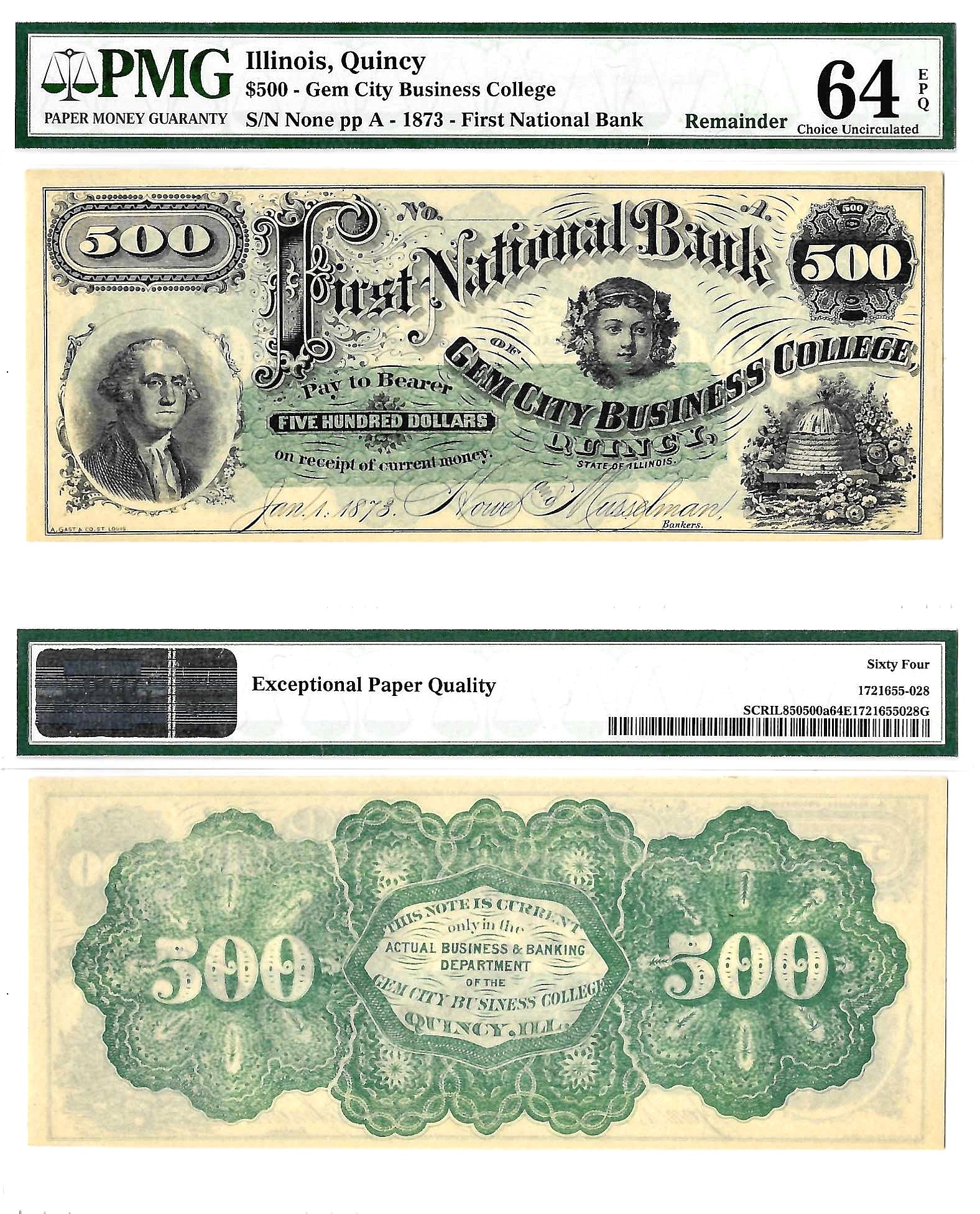 1873 $500 Gem City Business College Quincy, Illinois PMG Choice UNC 64 EPQ