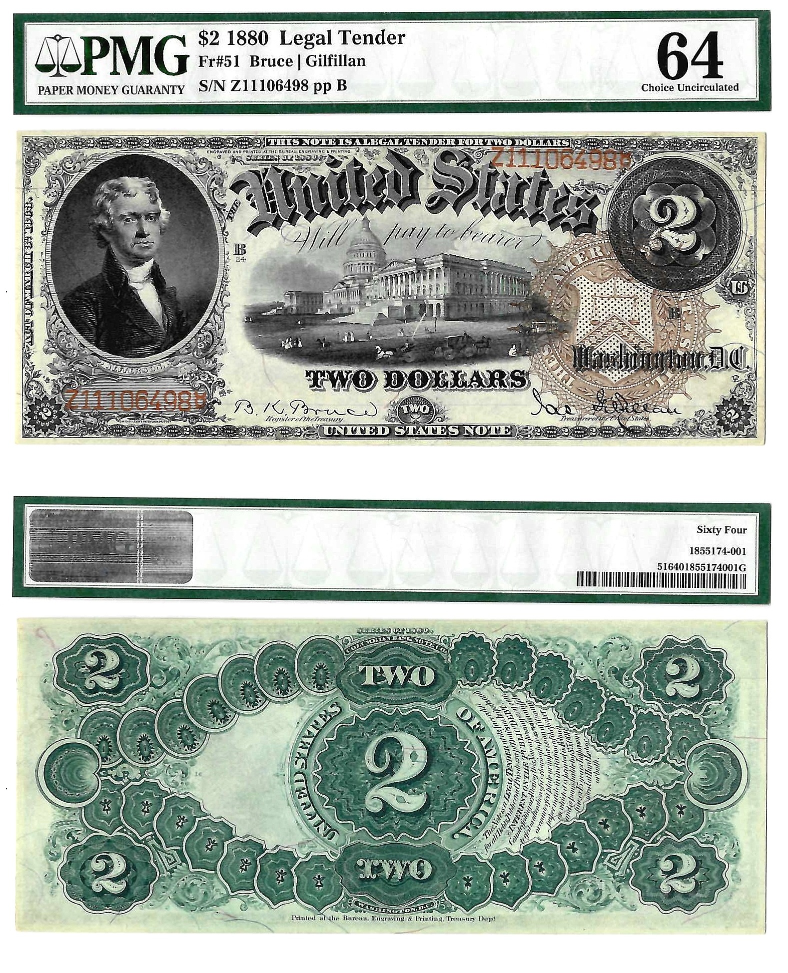 1880 $2 Legal Tender Note Fr. 51 PMG Choice UNC 64