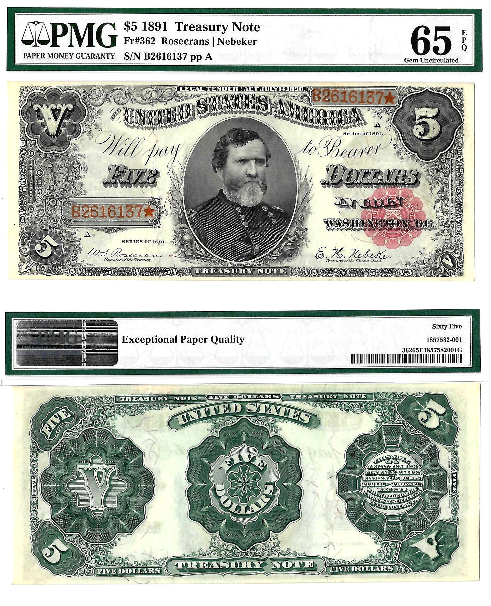 1891 $5 Treasury Note Fr. 362 PMG Gem UNC 65 EPQ