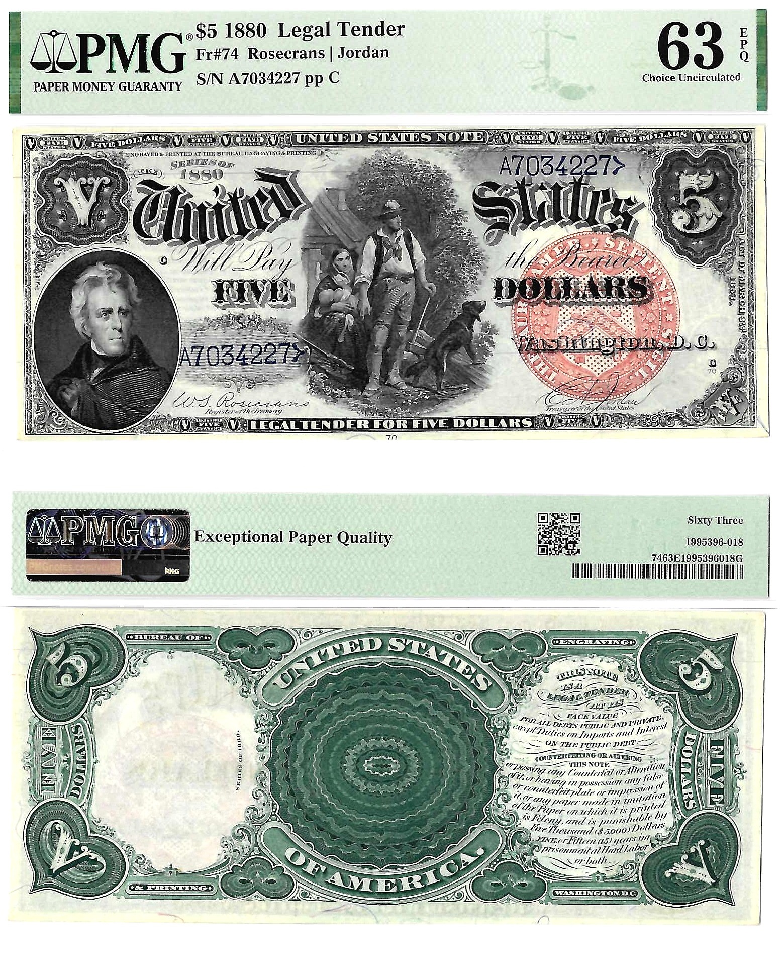 1880 $5 Legal Tender Note Fr. 74 PMG Choice UNC 63 EPQ