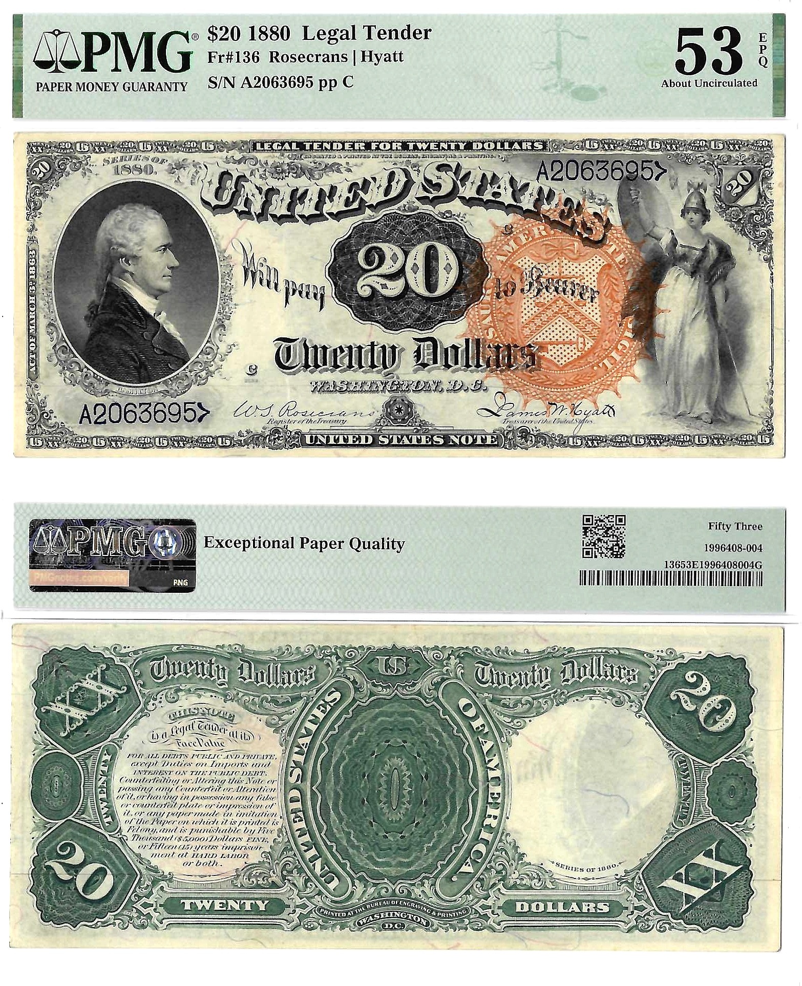 1880 $20 Legal Tender Note Fr. 136 PMG AU 53 EPQ