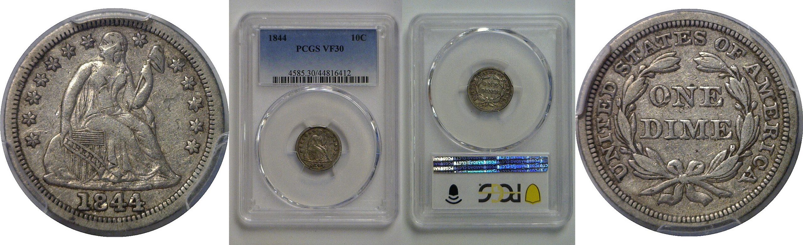 1844  Seated Liberty Dime   PCGS VF-30
