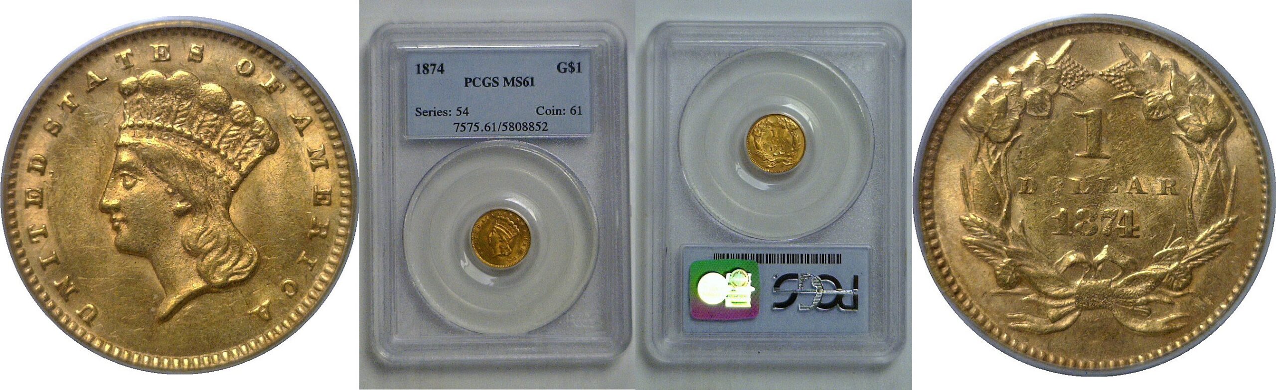 1874  Gold Dollar   PCGS MS-61