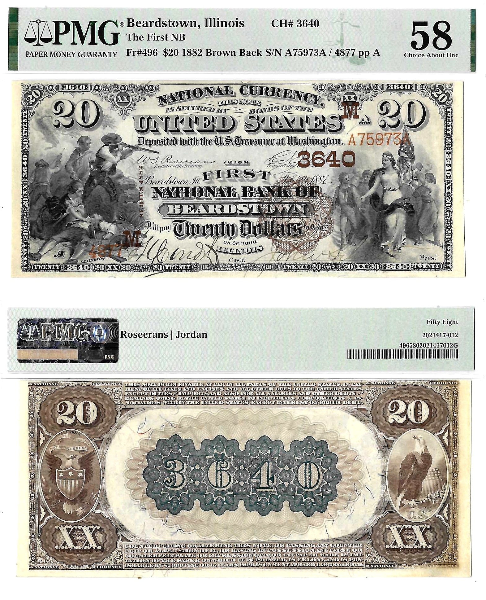 1882 $20 First National Bank Of Beardstown, Illinois CH# 3640 PMG Choice AU 58
