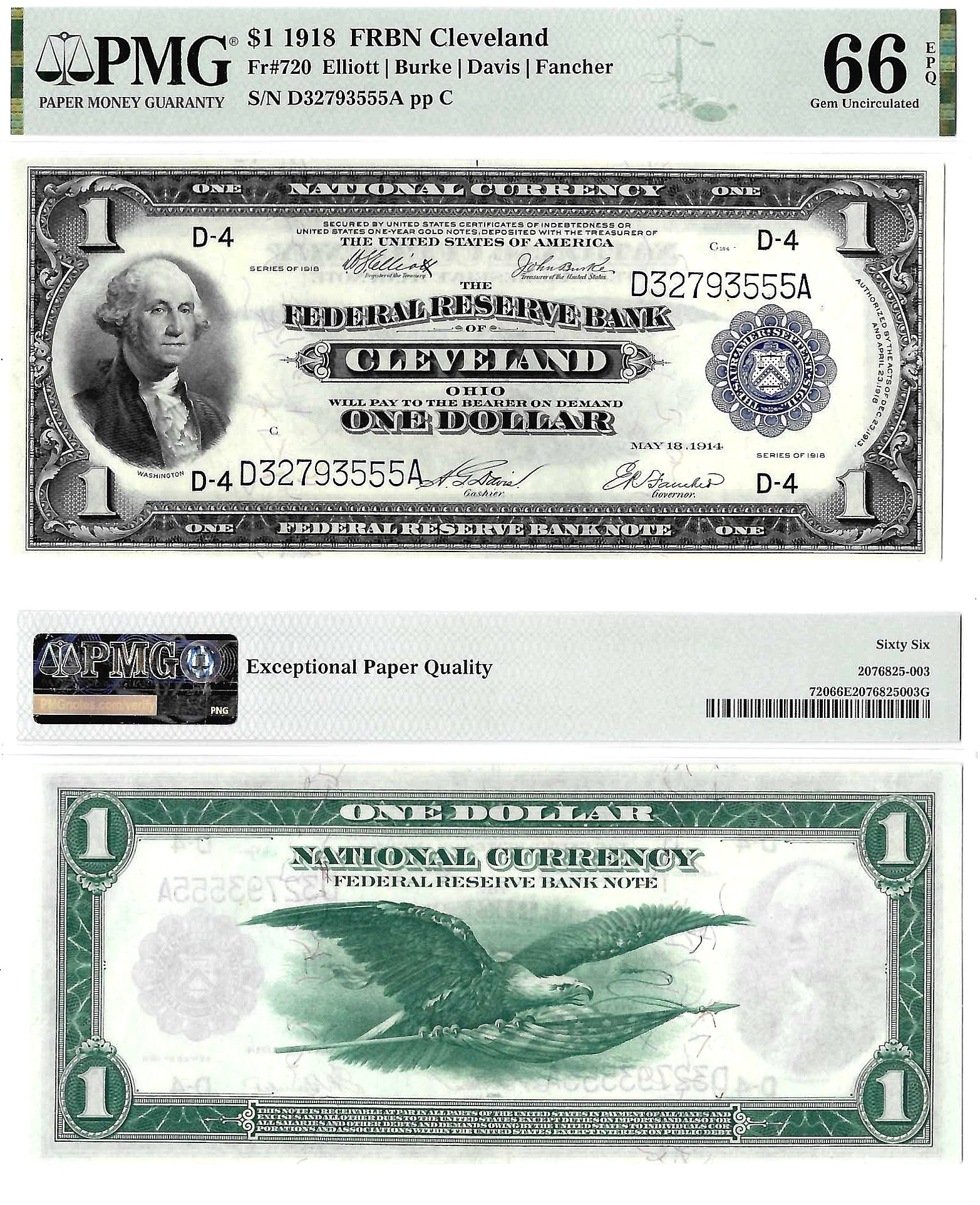 1918 $1 Cleveland District Federal Reserve Bank Note Fr. 720 PMG Gem Unc. 66 EPQ