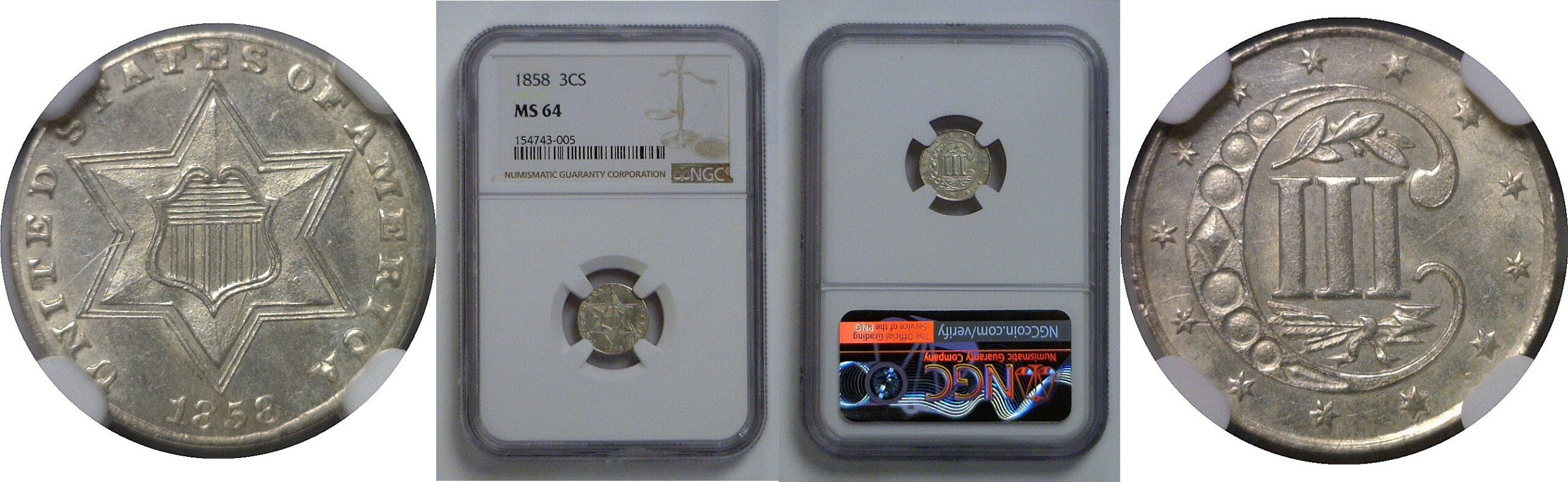 1858  Silver Three Cent   NGC MS-64