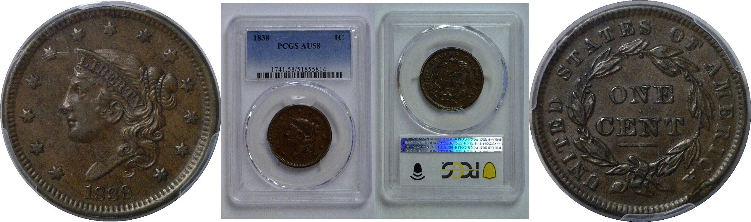 1838  Large Cent   PCGS AU-58