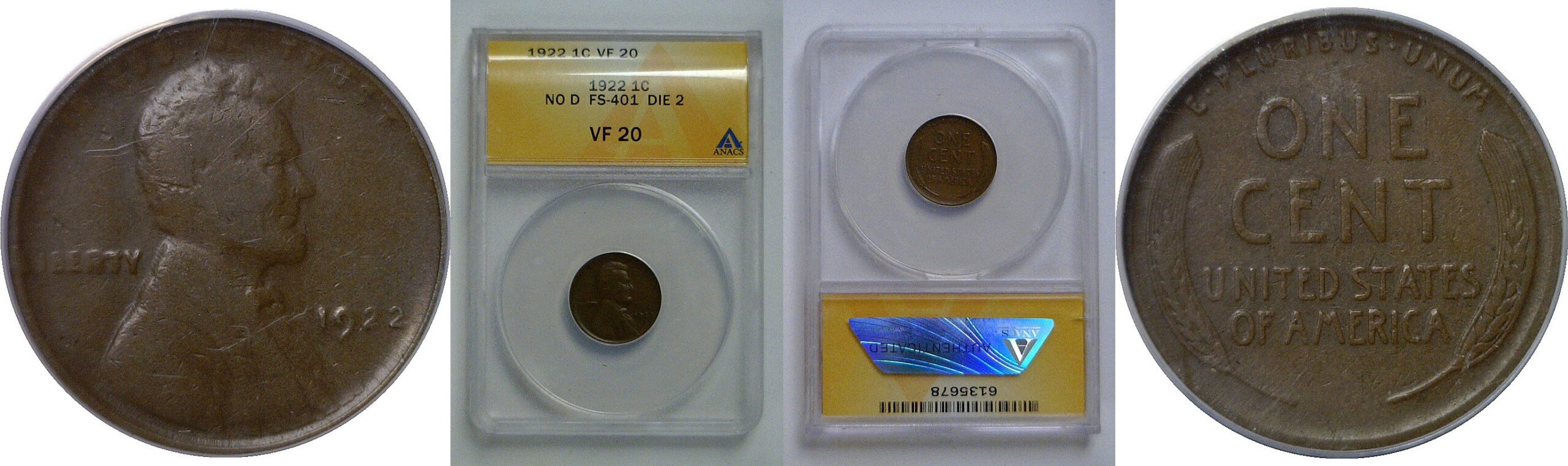 1922 No D   Lincoln Cent   ANACS VF-20