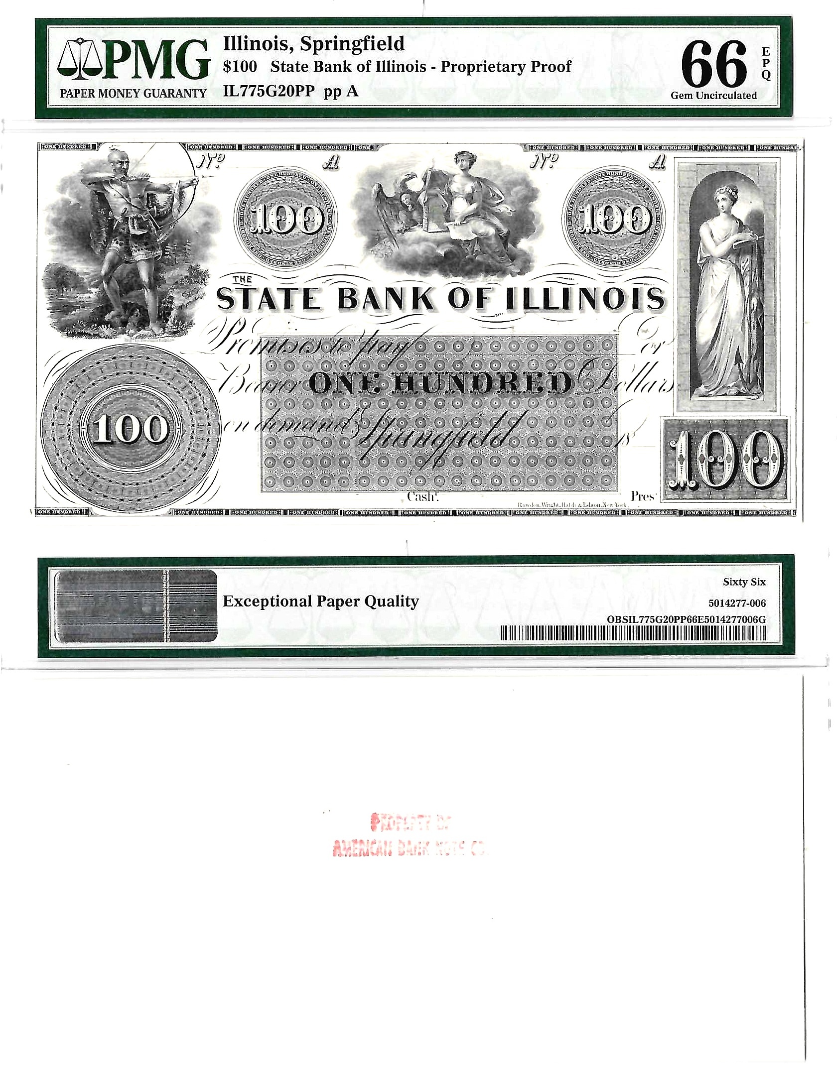 18__ $100 State Bank Of Illinois, Springfield Proprietary Proof PMG Gem UNC 66 EPQ