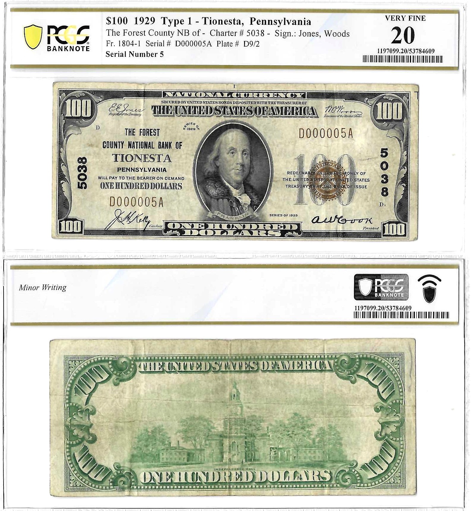 1929 $100 Forest County NB Of Tionesta, PA Charter #5038 PCGS VF 20