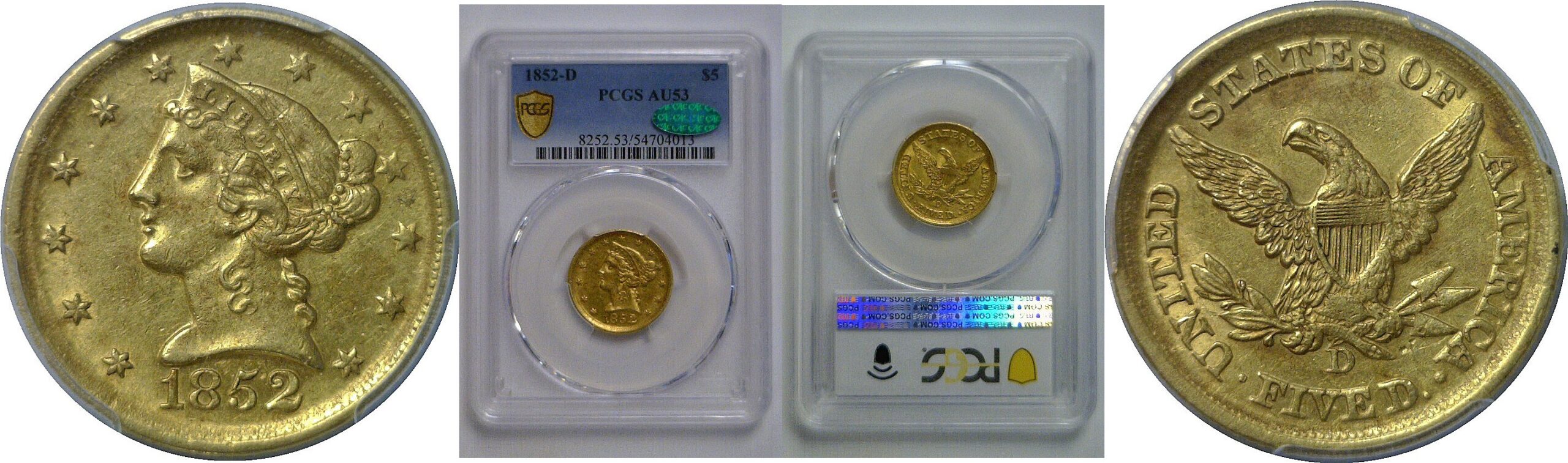 1852-D  $5 Liberty   PCGS AU-53  CAC