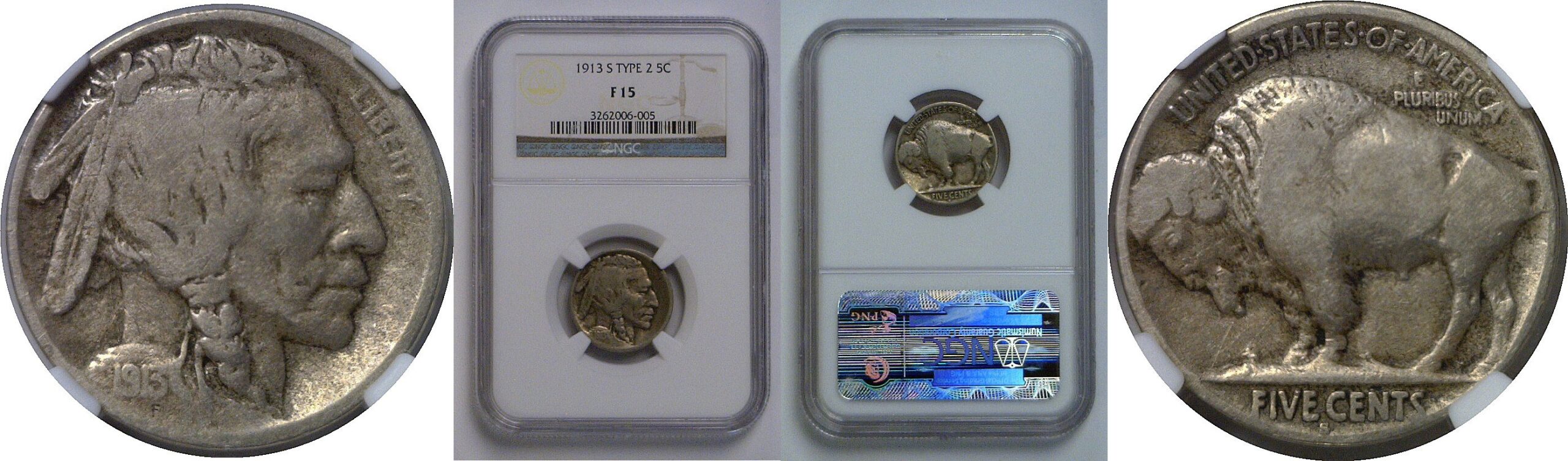 1913-S T-2  Buffalo Nickel   NGC F-15