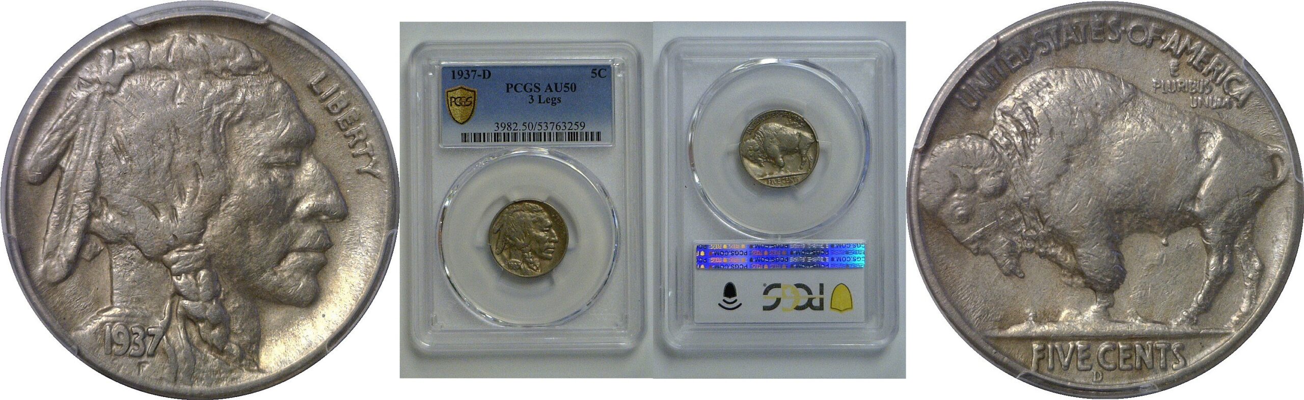 1937-D 3 Legs   Buffalo Nickel   PCGS AU-50