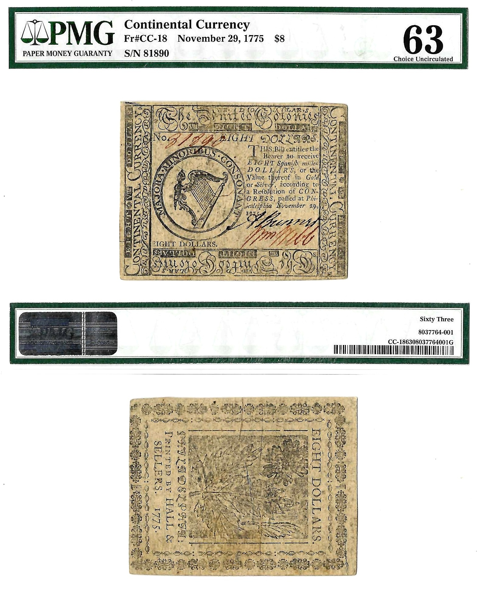 November 29, 1775 $8 Continental Currency Fr. CC-18 PMG Choice UNC 63