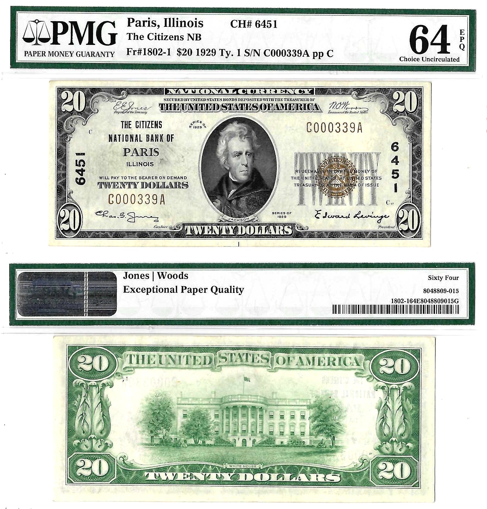 1929 $20 Citizens National Bank Of Paris, Illinois CH# 6451 PMG Choice UNC 64 EPQ
