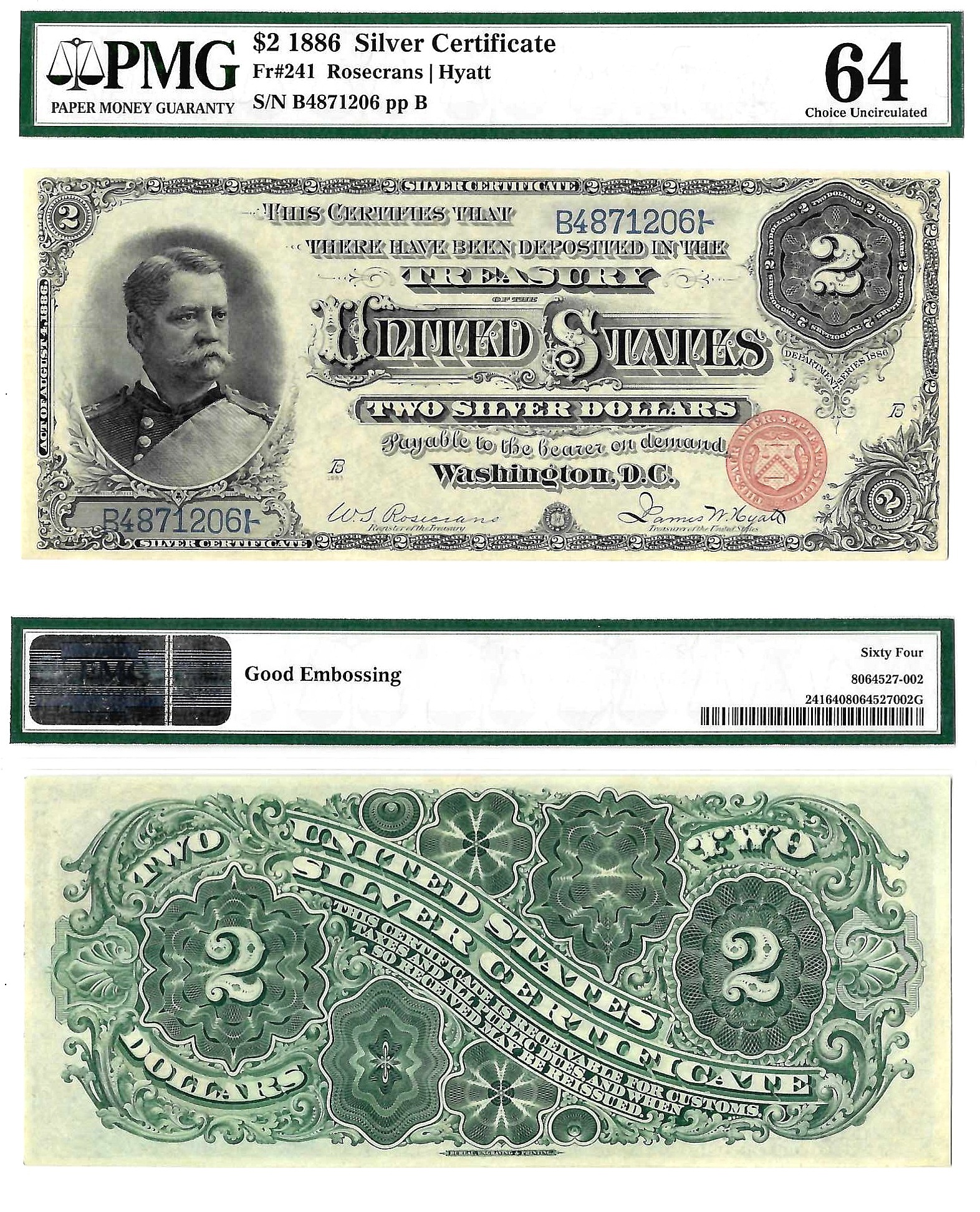 1886 $2 Silver Certificate Fr. 241 PMG Choice UNC 64