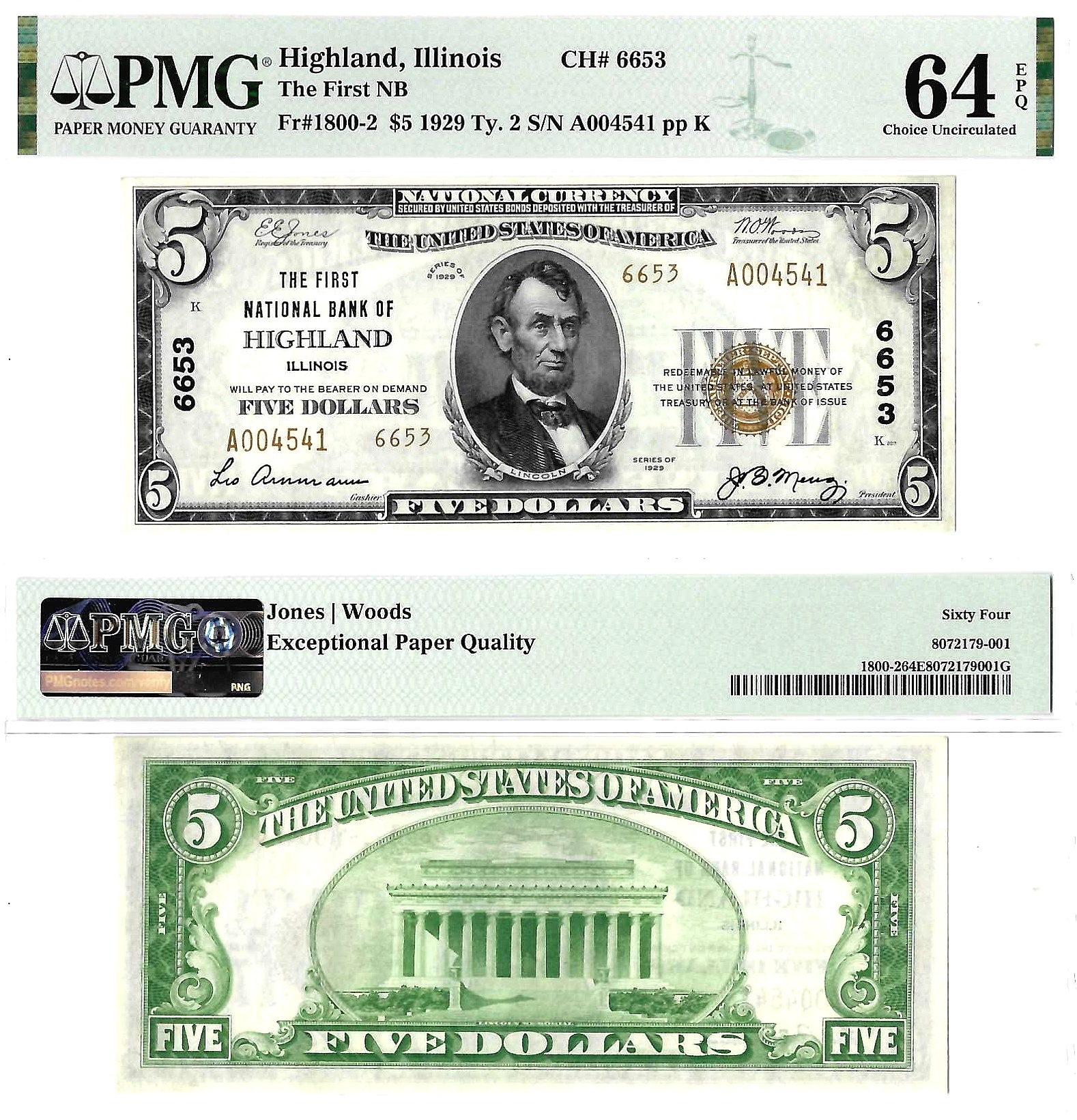 1929 $5 First National Bank Of Highland, Illinois Ch.# 6653 PMG Choice UNC 64 EPQ