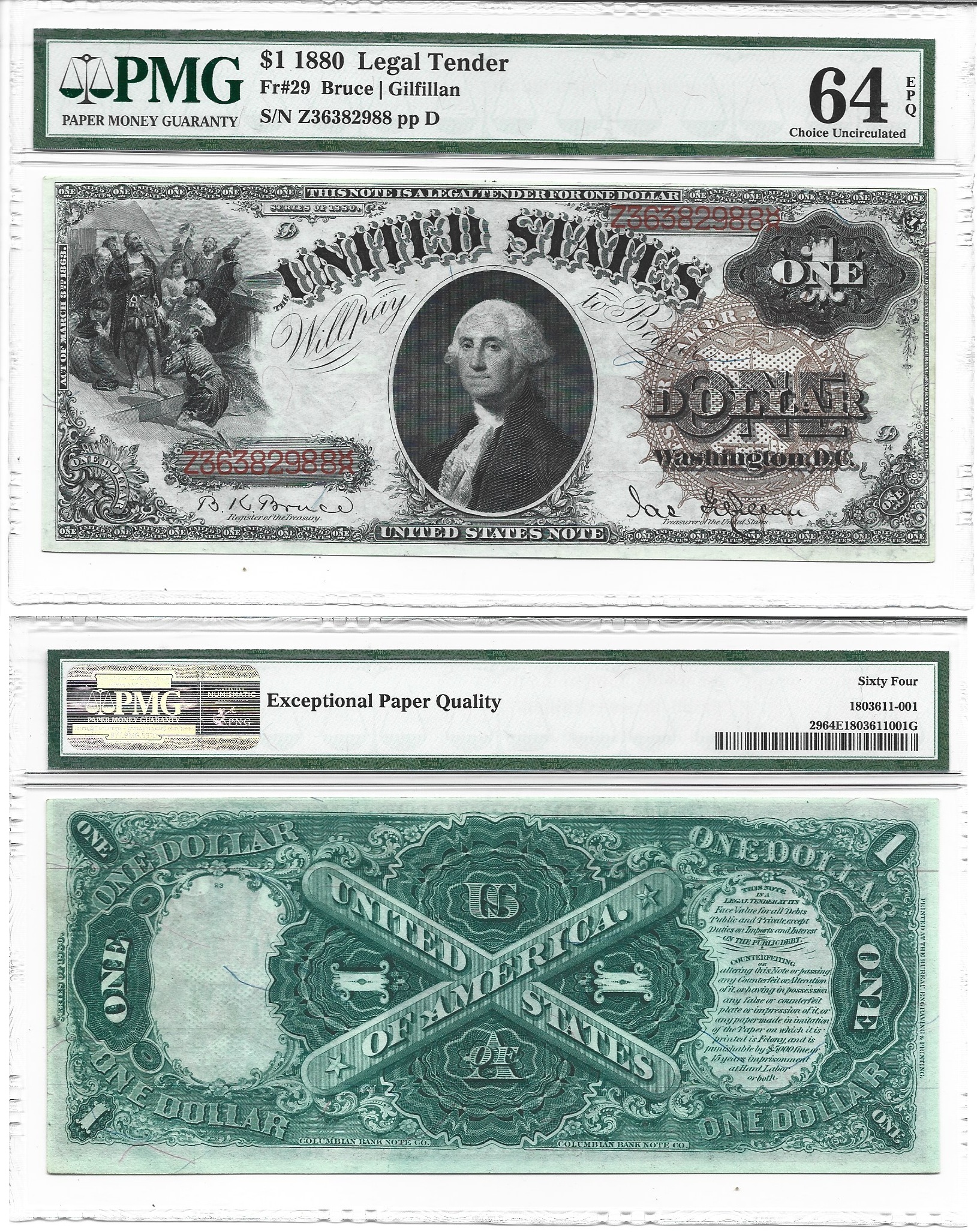 1880 $1 Legal Tender Note Fr. 29 PMG Choice UNC 64 EPQ