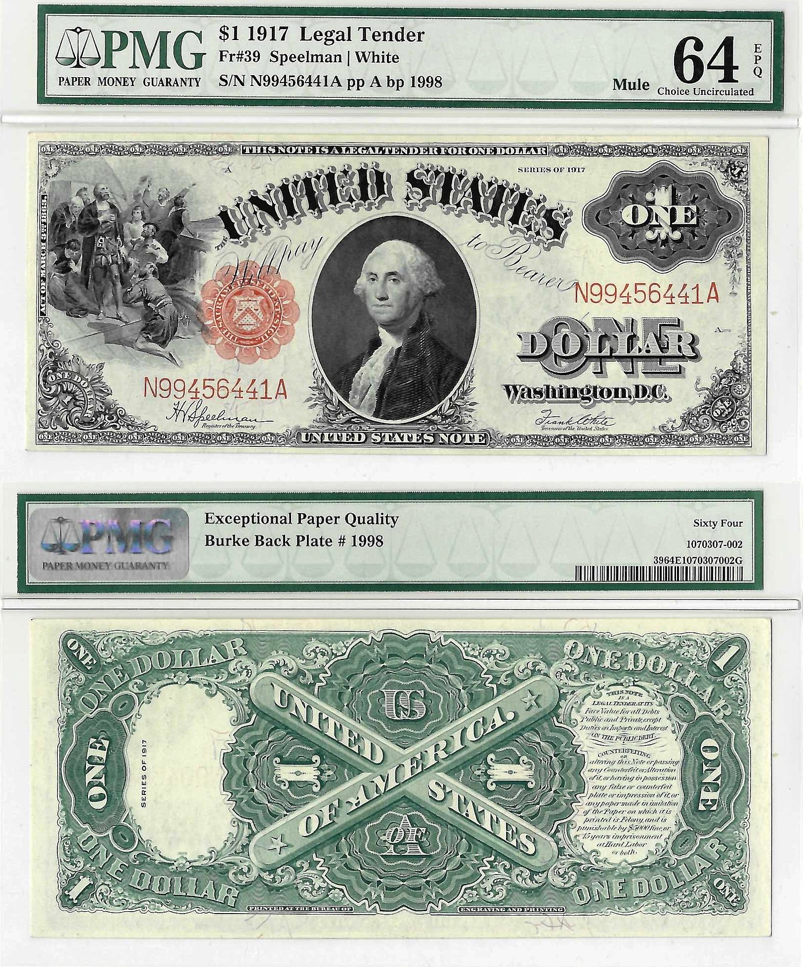 1917 $1 Legal Tender Note Mule Fr. 39m PMG Choice UNC 64 EPQ
