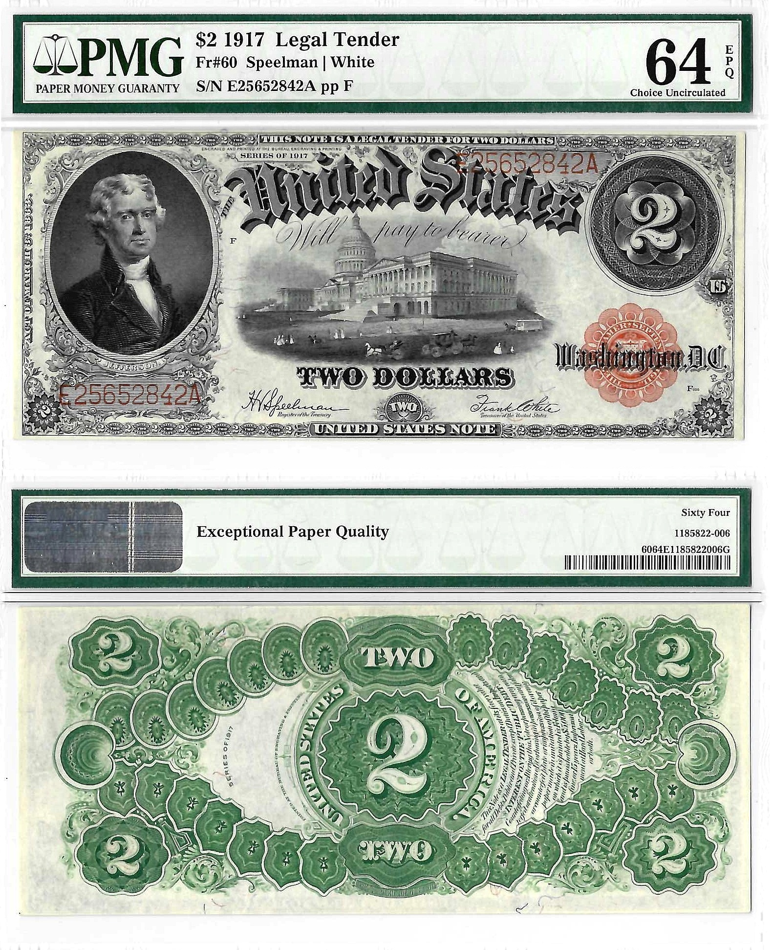 1917 $2 Legal Tender Note Fr. 60 PMG Choice UNC 64 EPQ