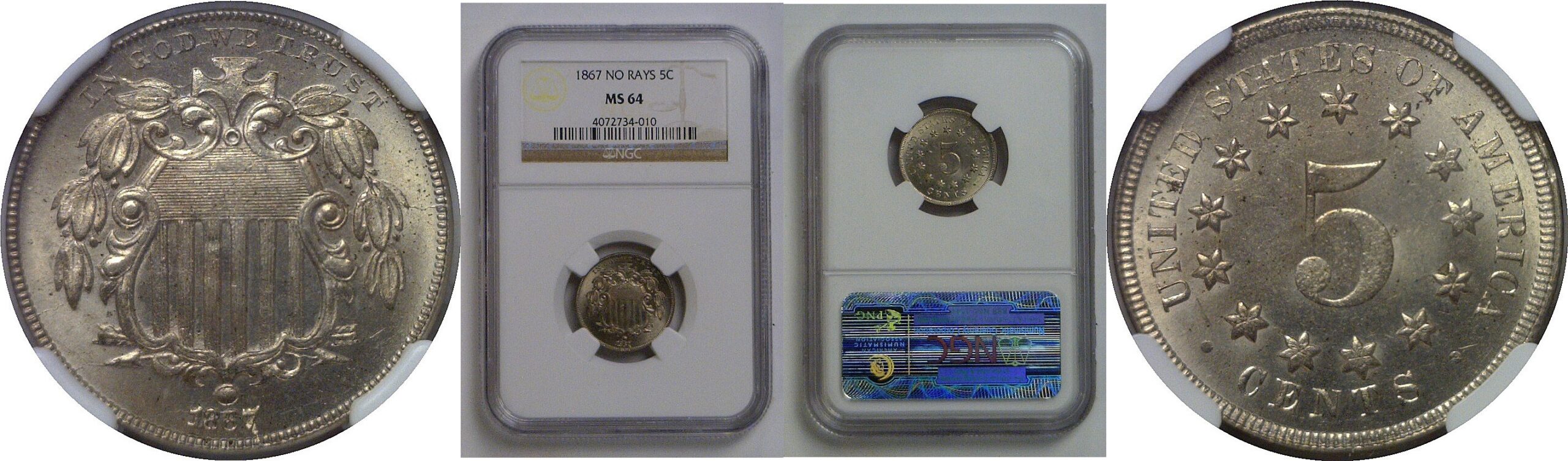 1867 No Rays  Shield Nickel   NGC MS-64