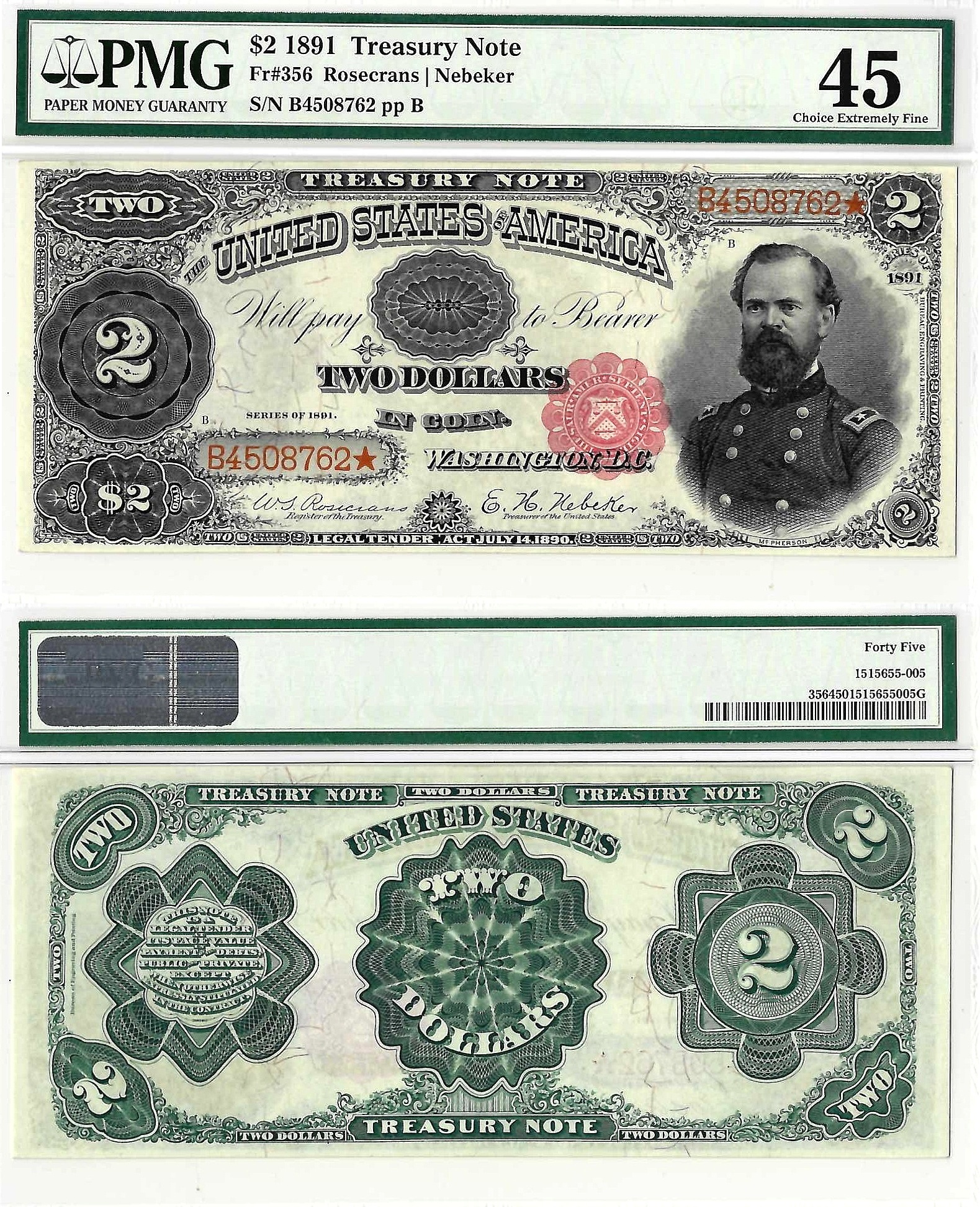 1891 $2 Treasury Note Fr. 356 PMG Choice XF 45