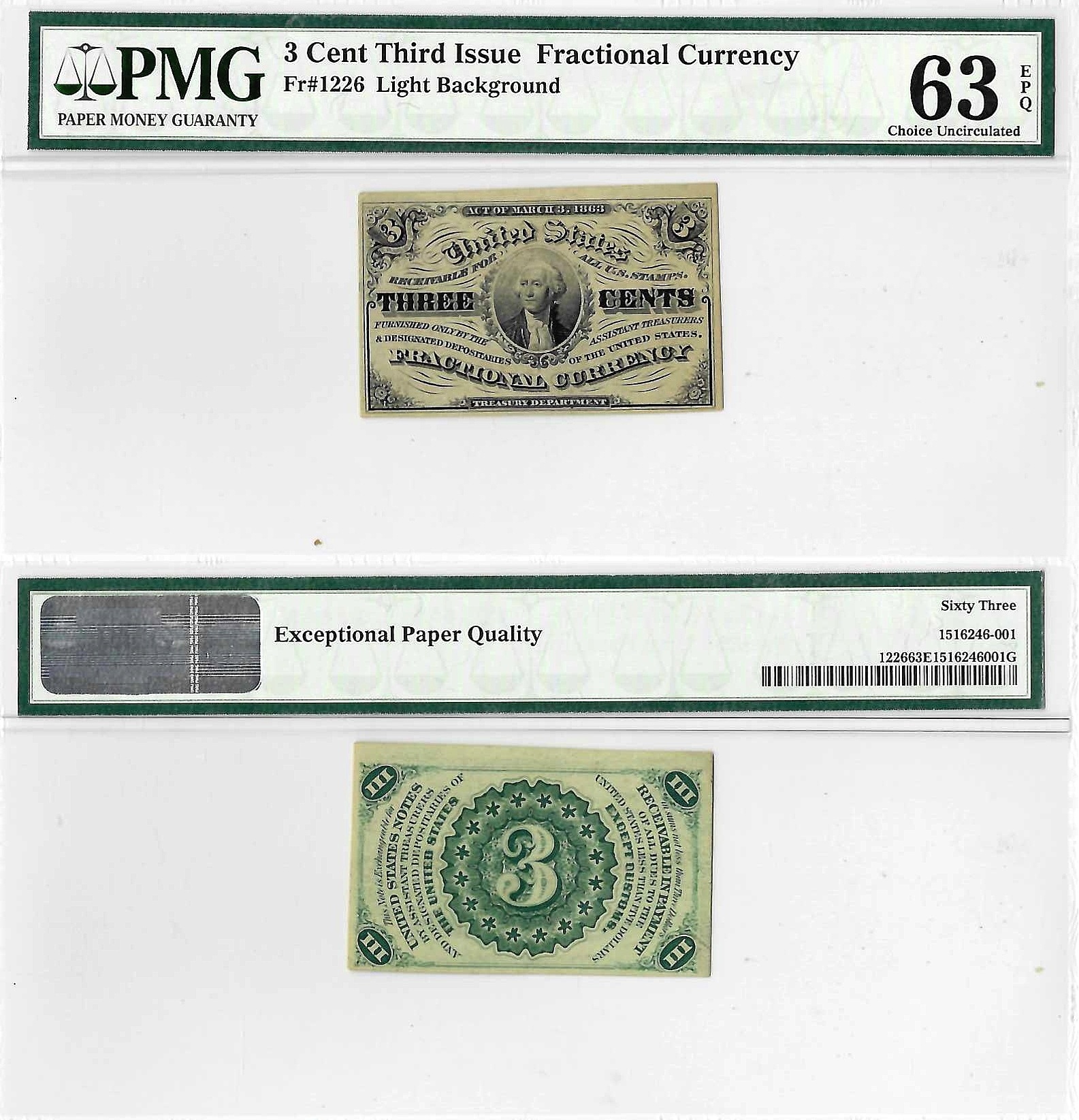 3 Cent Third Issue Fractional Currency Fr. 1226 PMG Choice UNC 63 EPQ