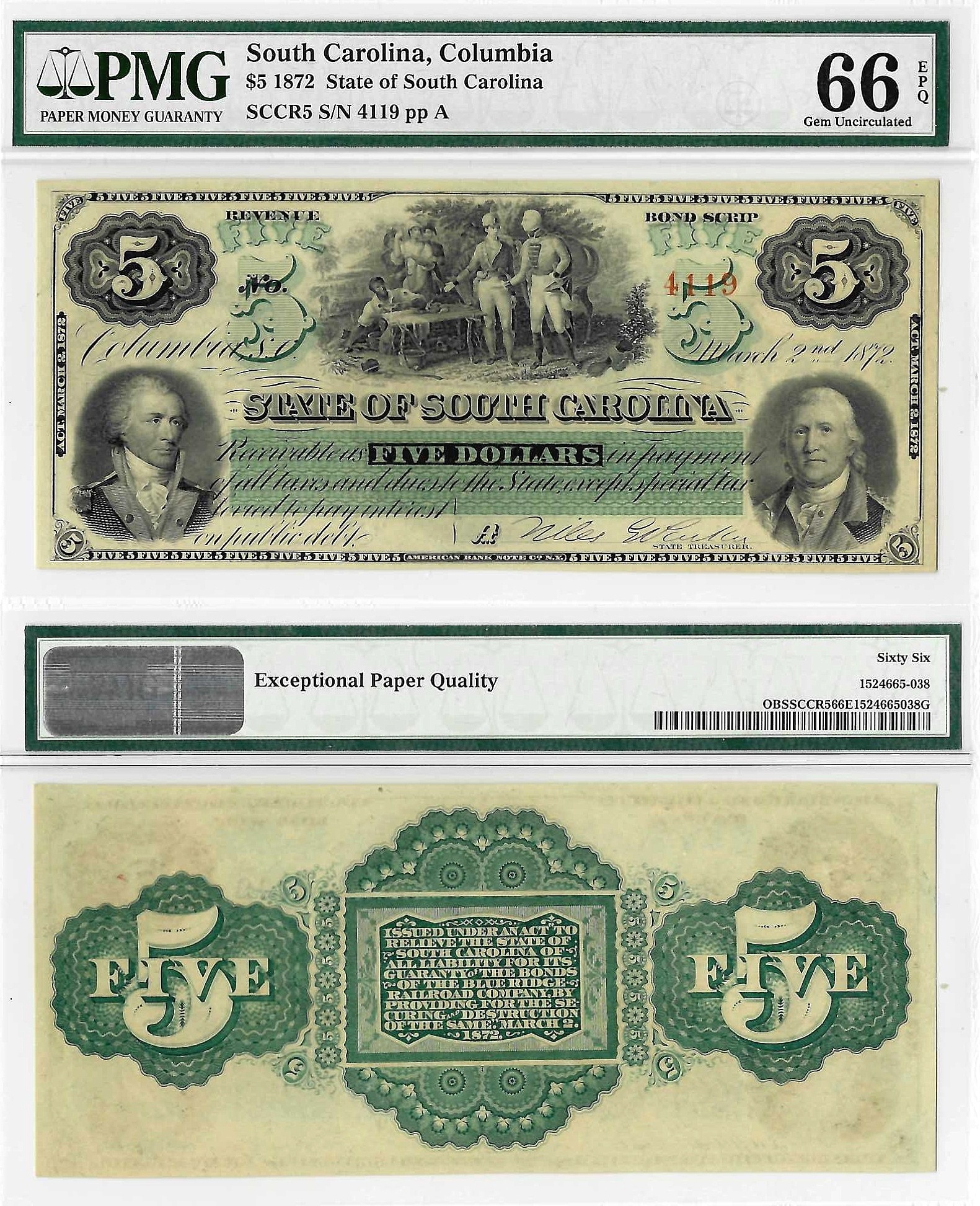 1872 $5 State Of South Carolina Columbia Revenue Bond Scrip PMG Gem UNC 66 EPQ