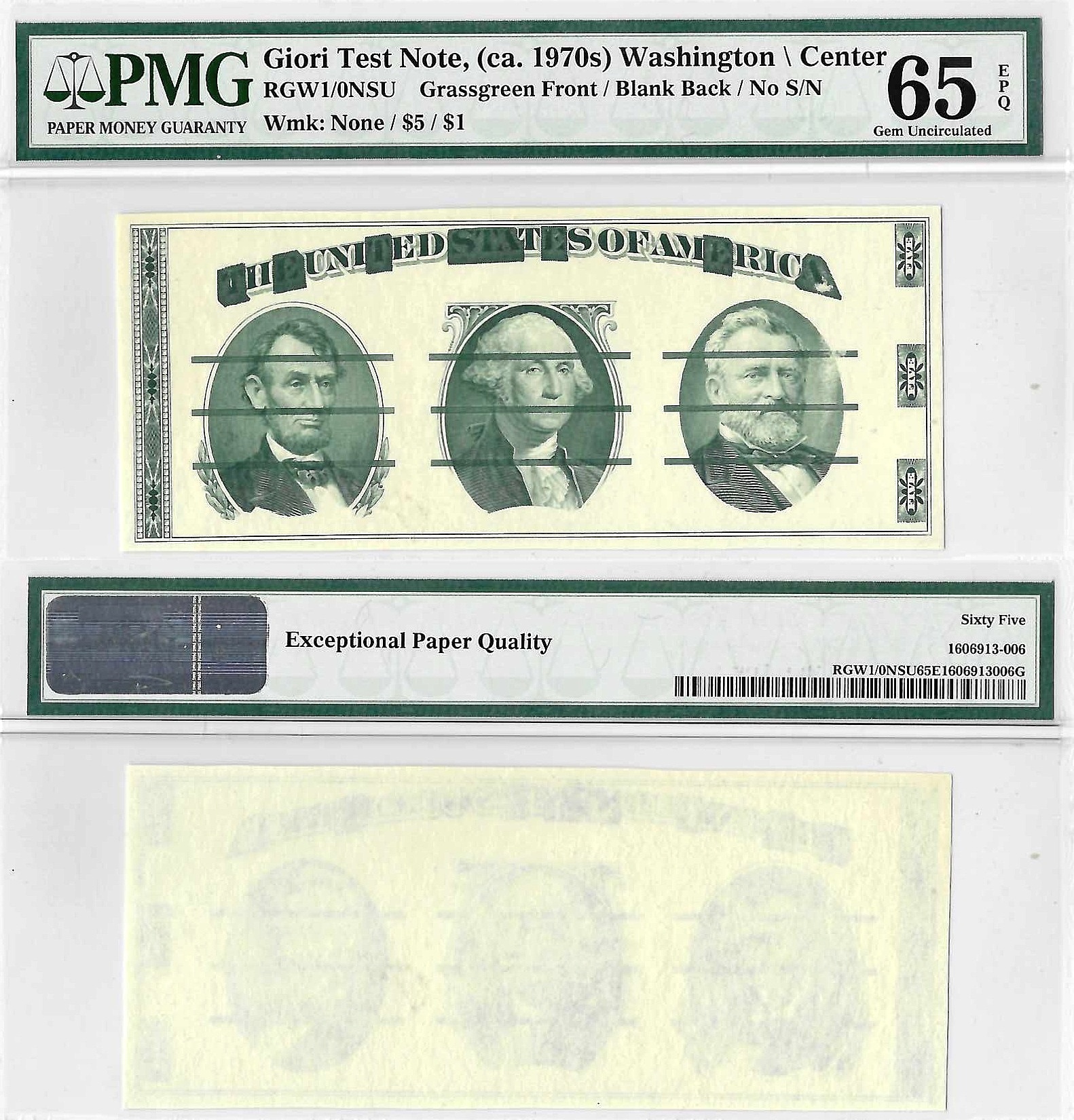 1970's Giori Test Note Washington Center Grassgreen Front PMG Gem UNC 65 EPQ