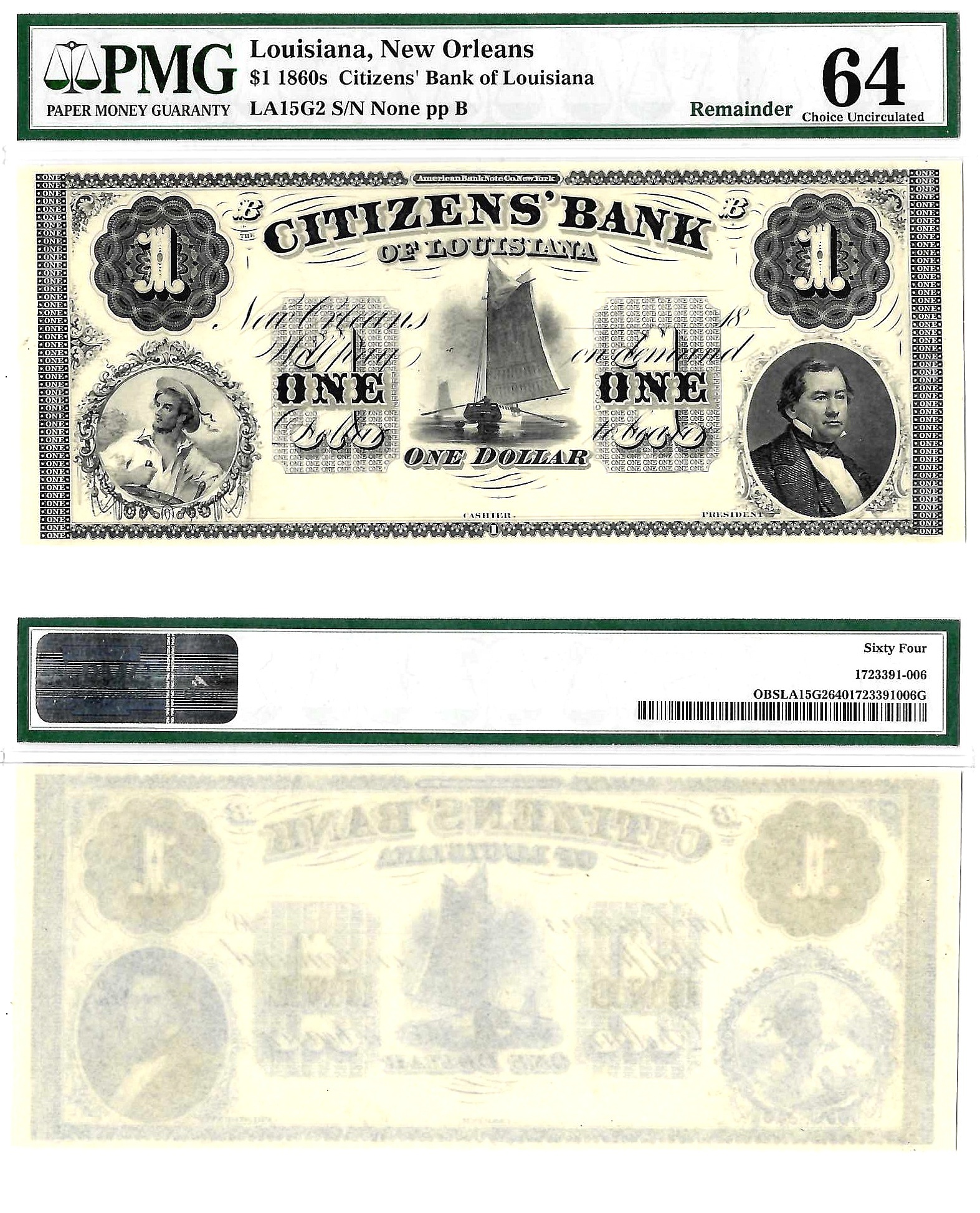 1860s $1 Citizens' Bank Of Louisiana New Orleans PMG Choice UNC 64