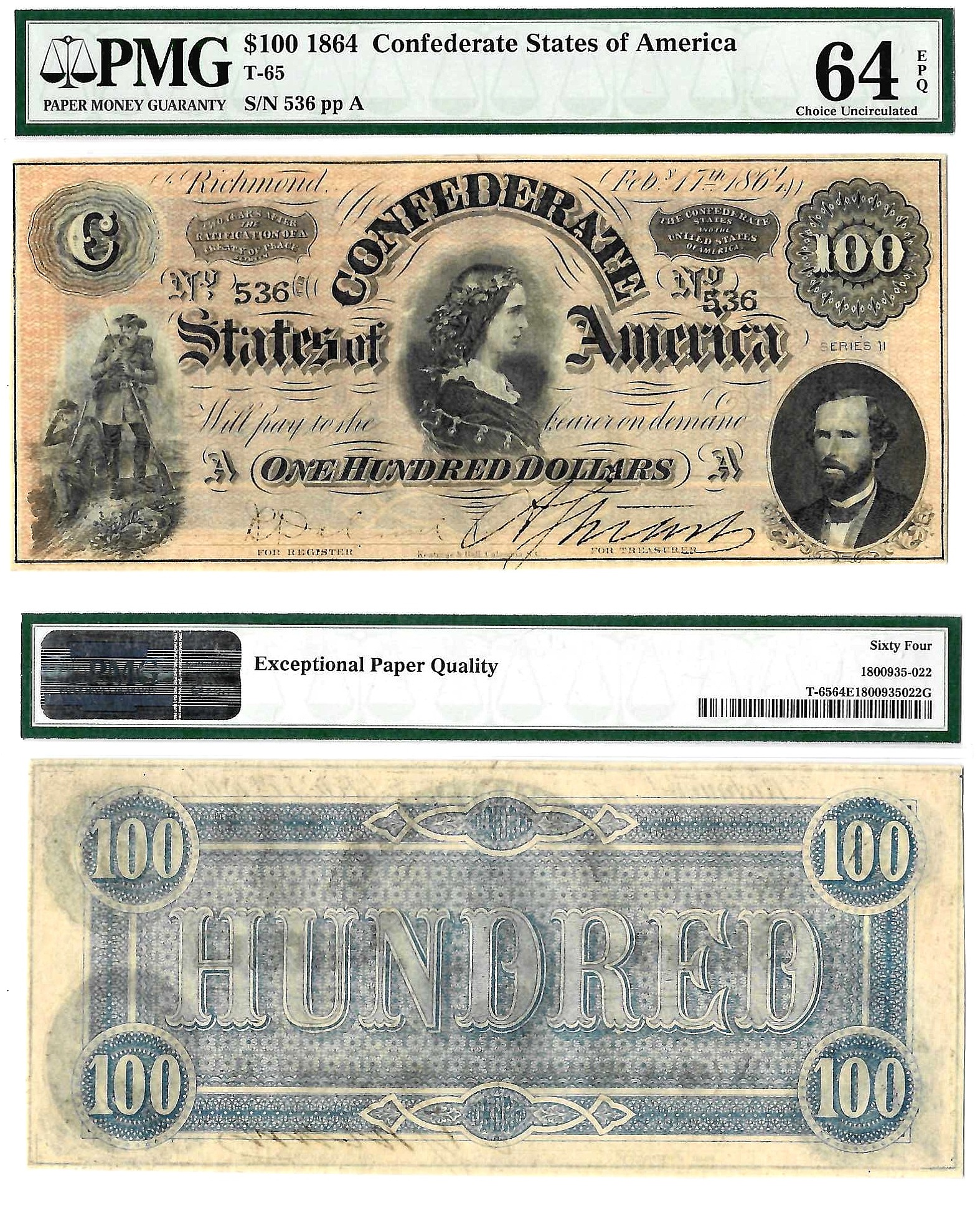 1864 $100 Confederate States Note T-65 PMG Choice UNC 64 EPQ