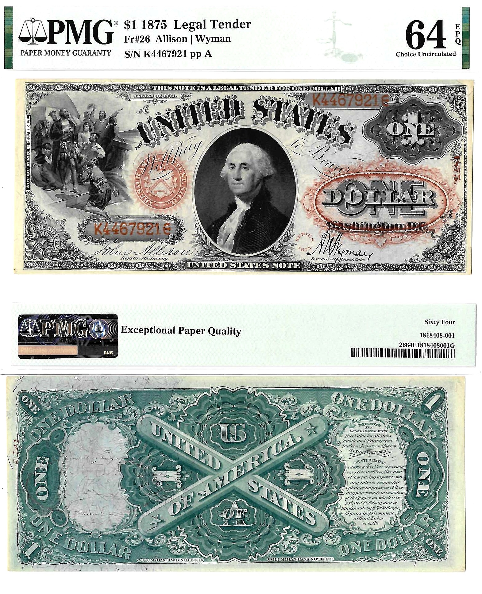1875 $1 Legal Tender Note Fr. 26 PMG Choice UNC 64 EPQ