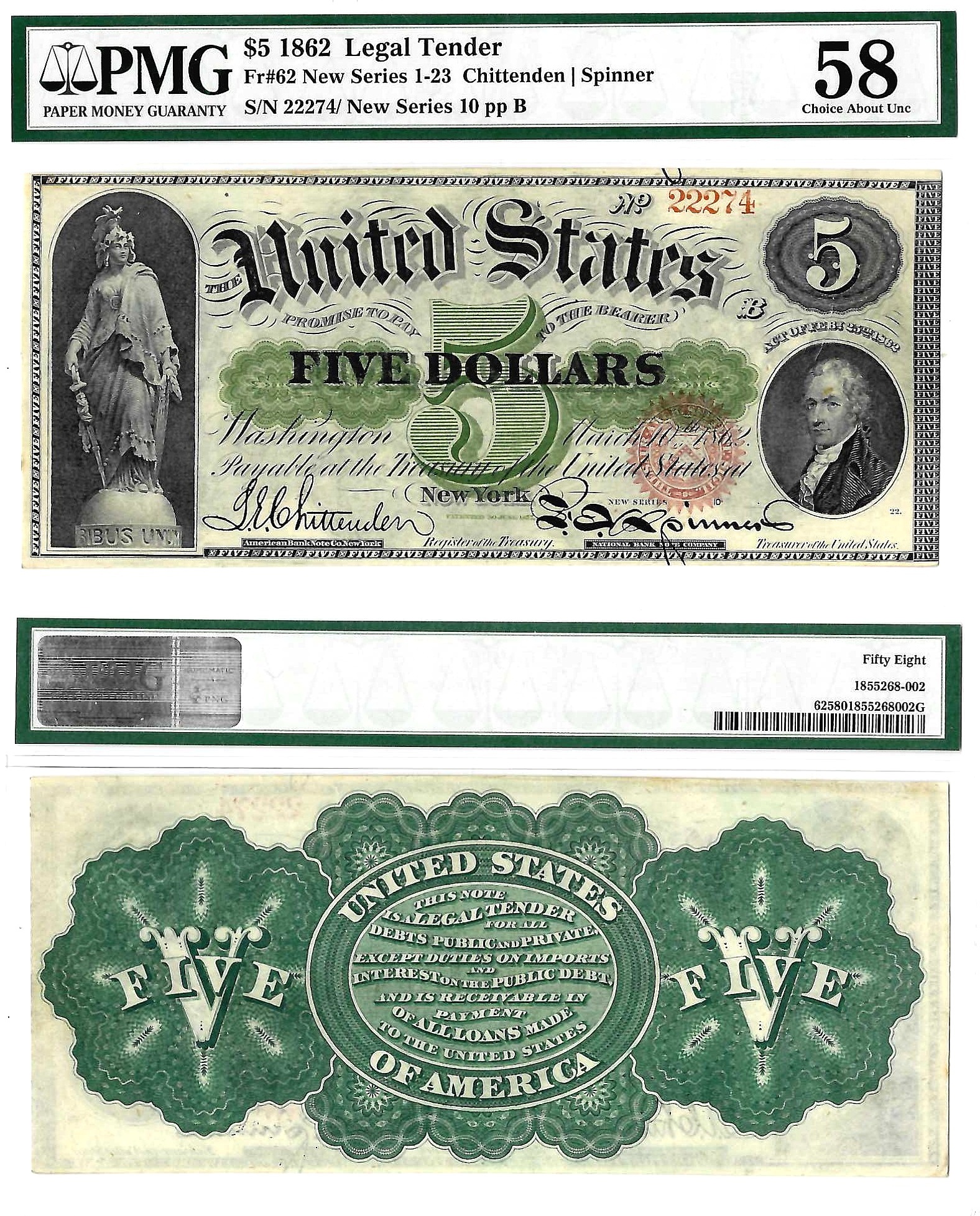 1862 $5 Legal Tender Note Fr. 62 PMG Choice AU 58