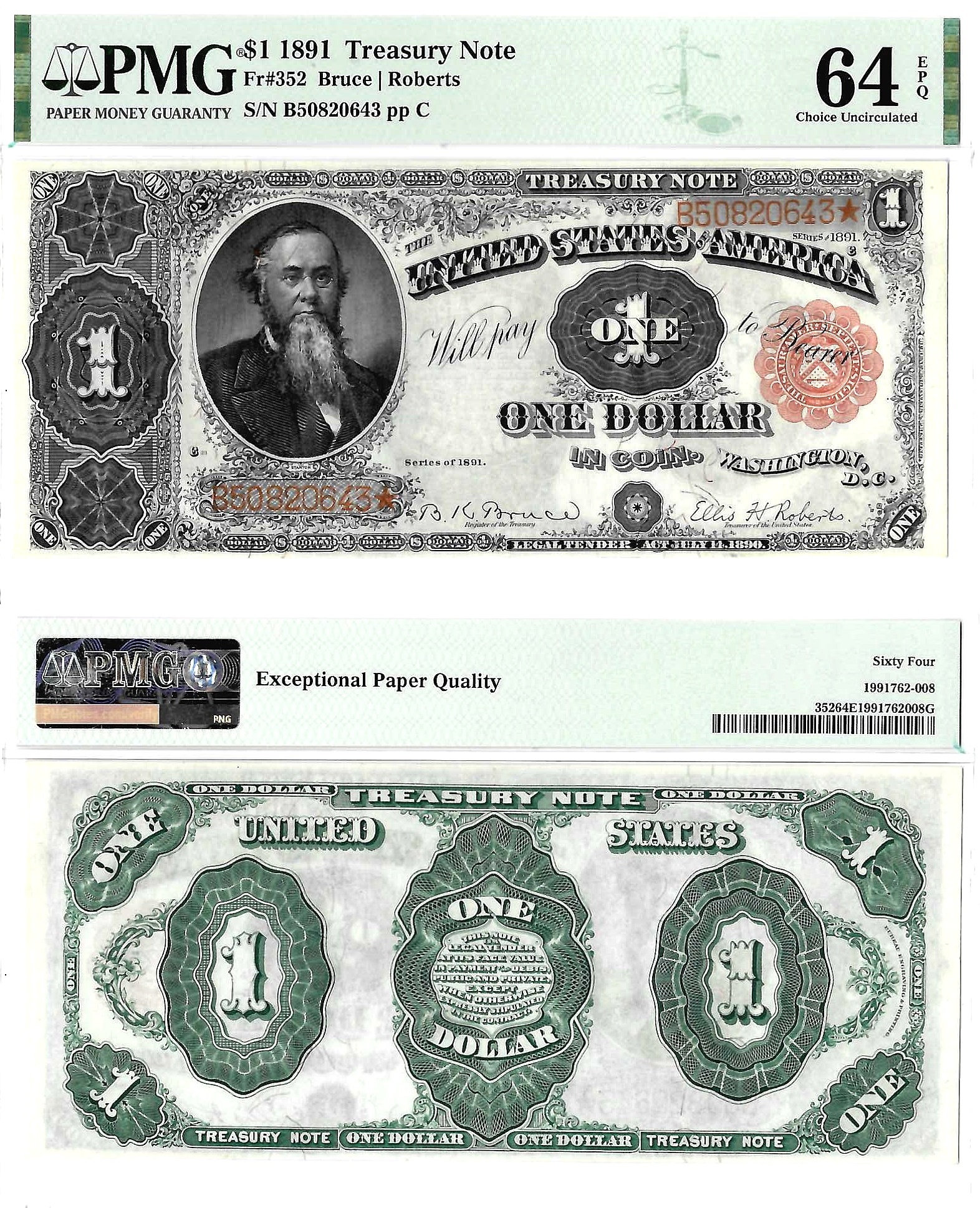 1891 $1 Treasury Note Fr. 352 PMG Choice UNC 64 EPQ
