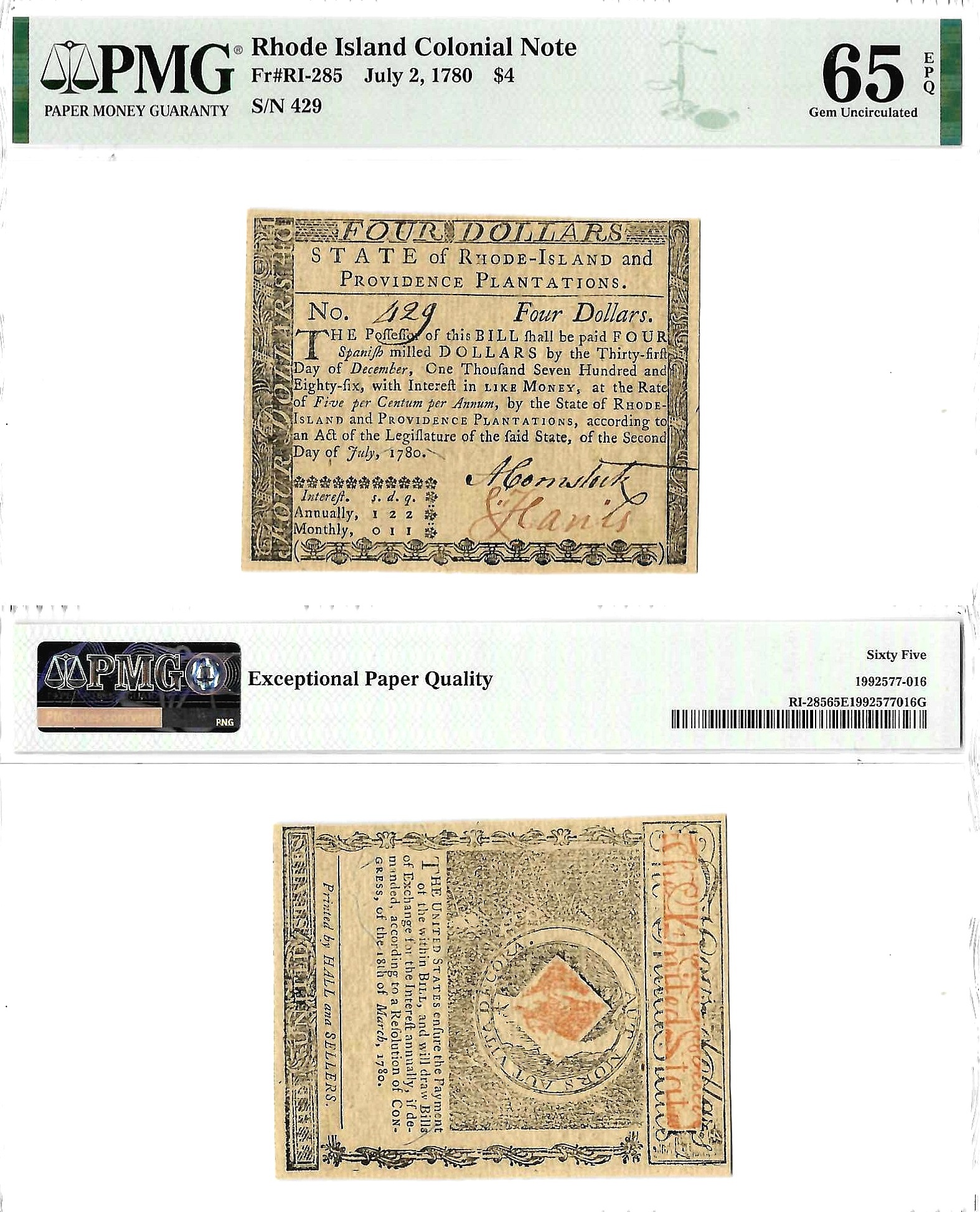 July 2, 1780 $4 Rhode Island Colonial Fr. RI-285 PMG GEM UNC 65 EPQ
