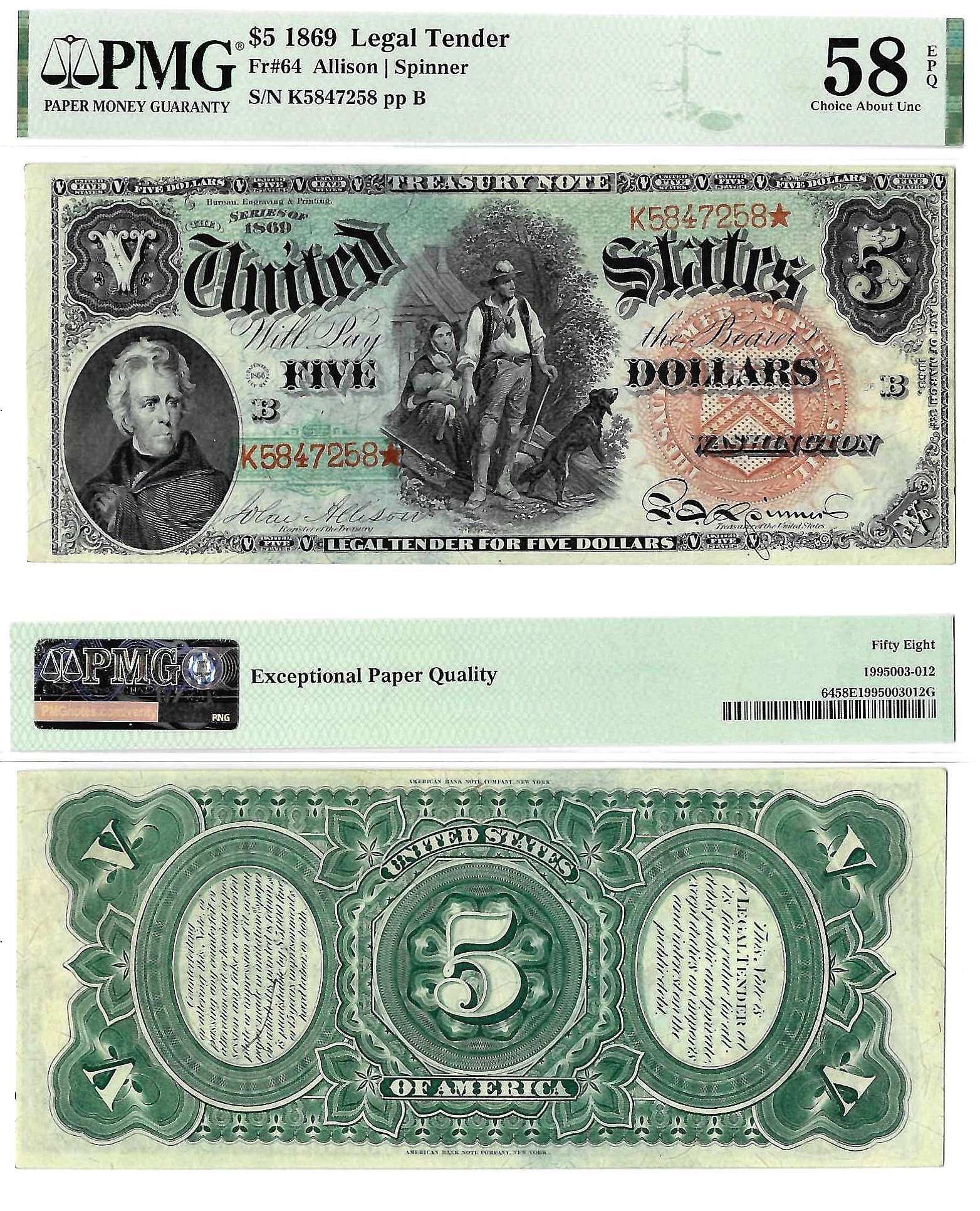 1869 $5 Legal Tender Note "Rainbow" Fr. 64 PMG Choice AU 58 EPQ