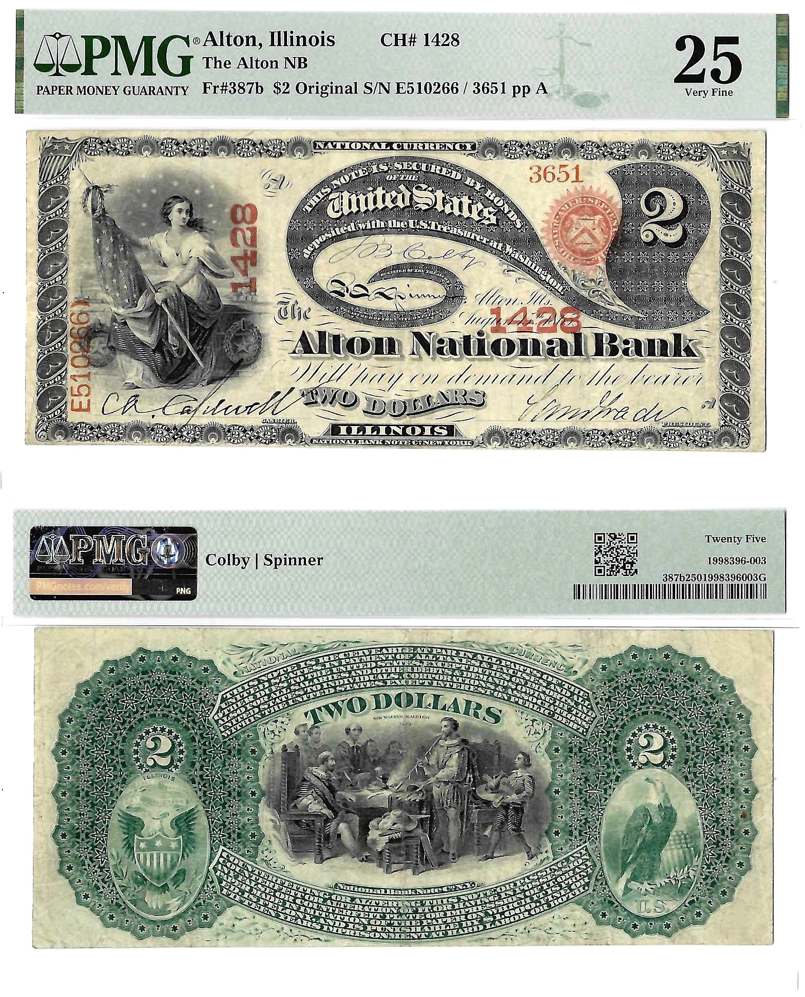 Original $2 Alton National Bank, Illinois CH# 1428 PMG VF 25