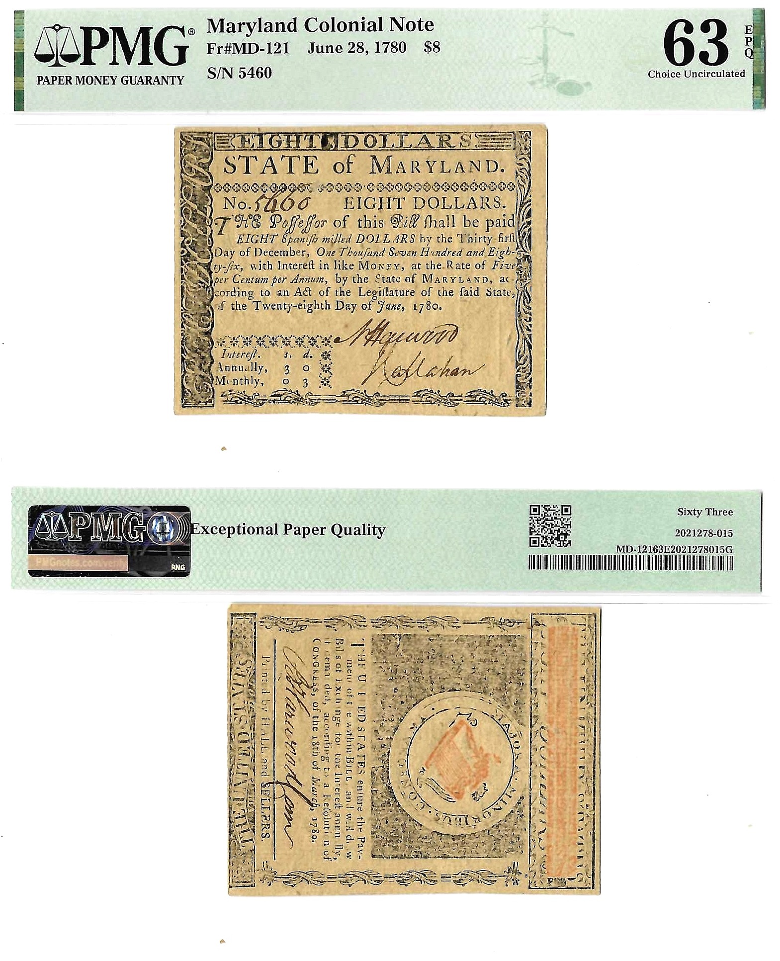 June 28, 1780 $8 Maryland Colonial Note Fr. MD-121 PMG Choice UNC 63 EPQ