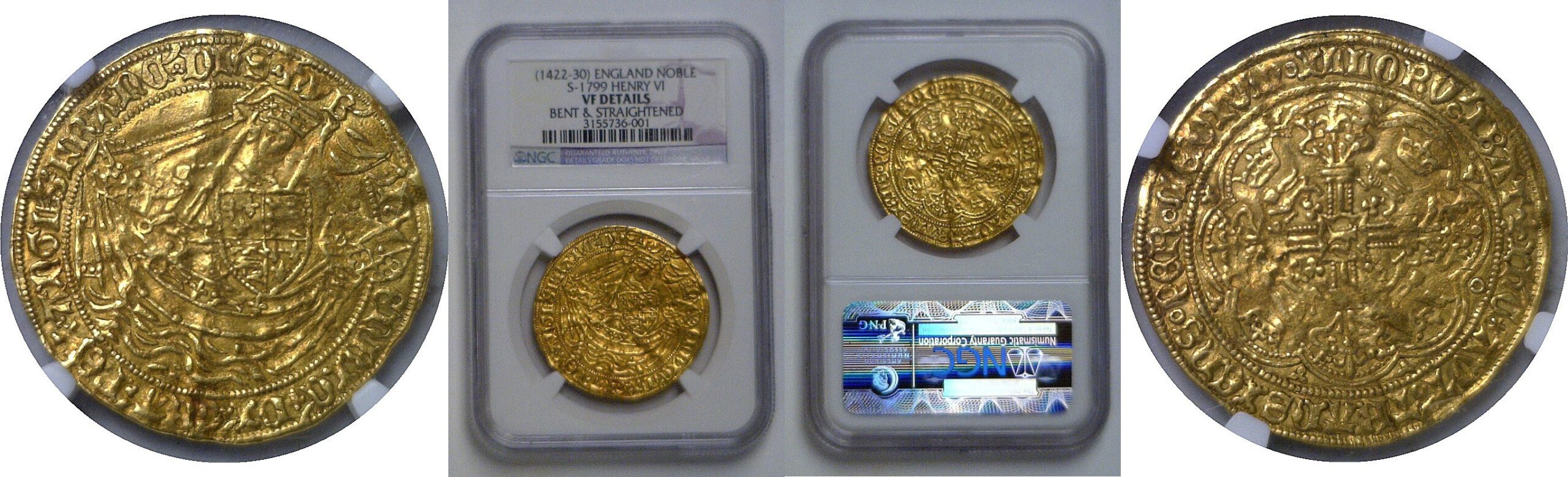 (1422-30) English Gold Noble  Henry VI  NGC VF Details