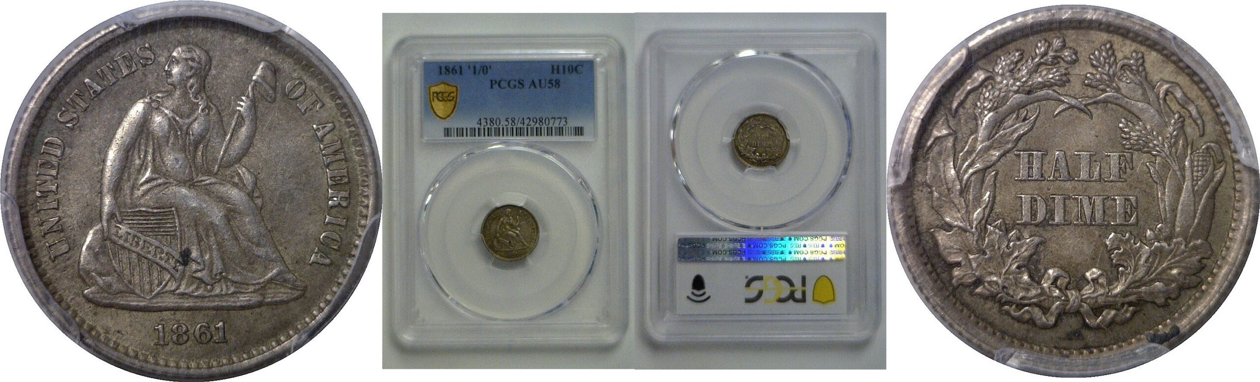 1861 '1/0'  Seated Liberty Half Dime   PCGS AU-58