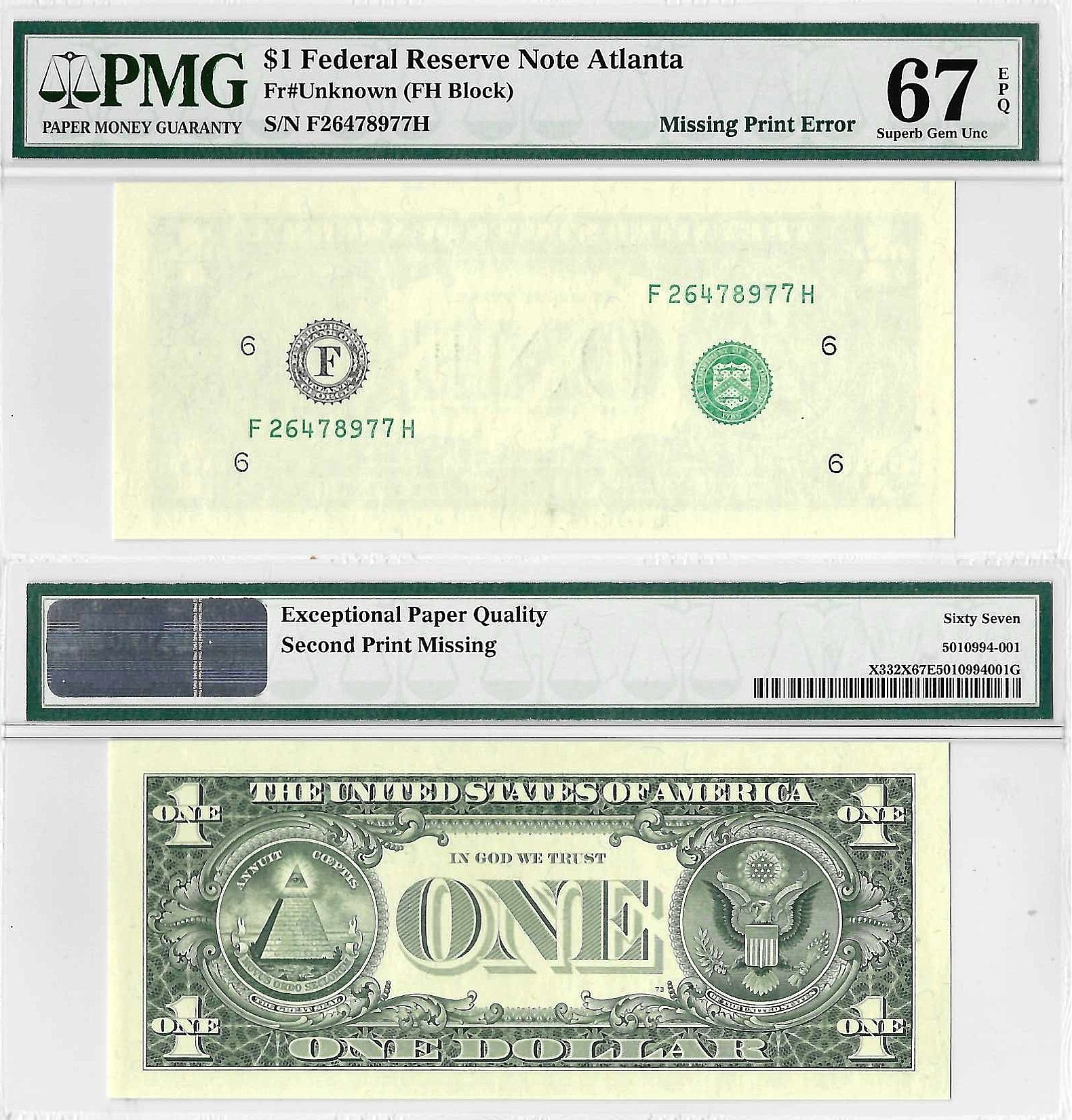 ND $1 Atlanta District FRN Missing Print Error PMG Superb Gem UNC 67 EPQ