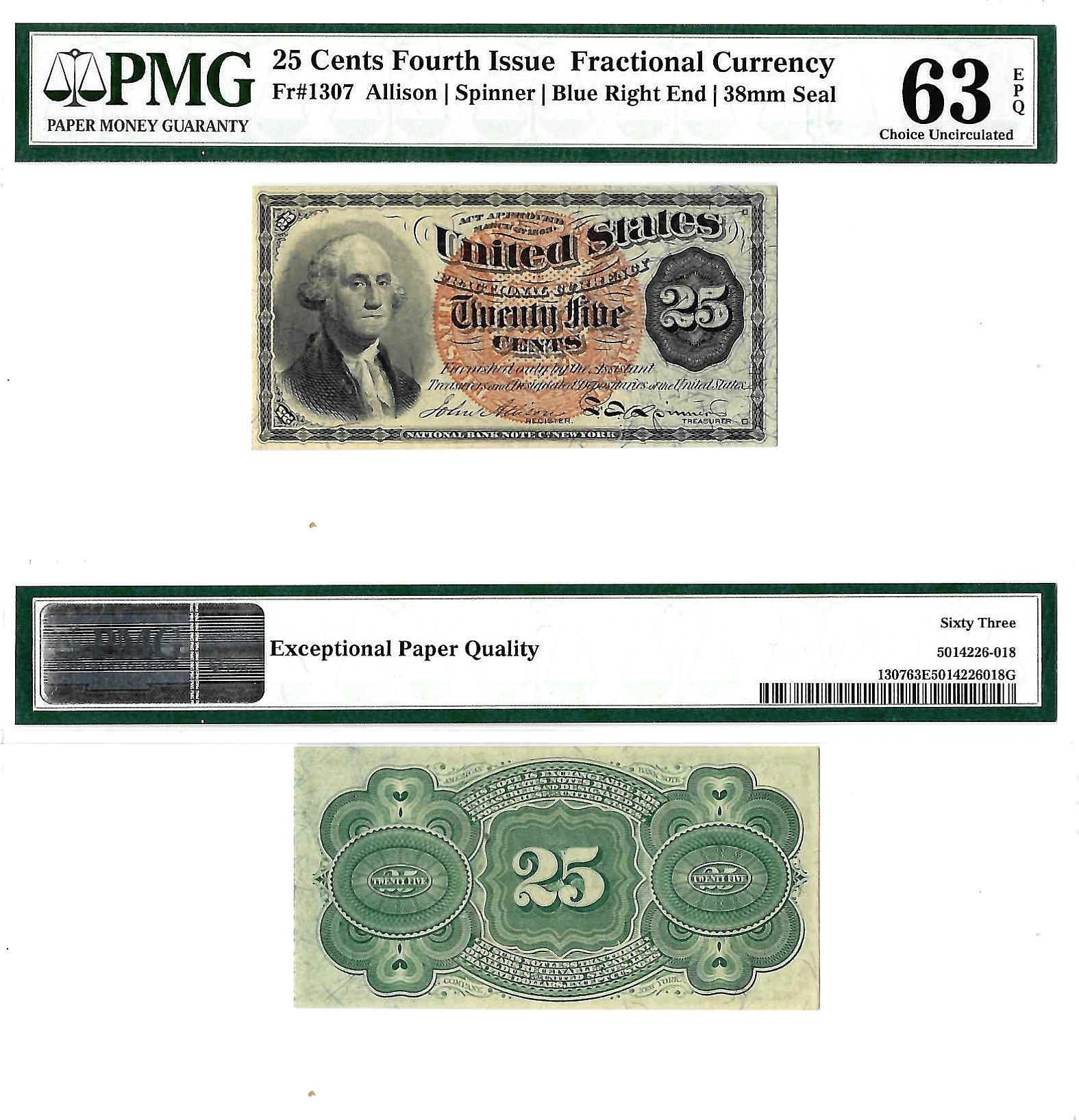 25 Cent Fourth Issue Fractional Currency Fr. 1307 PMG Choice UNC 63 EPQ