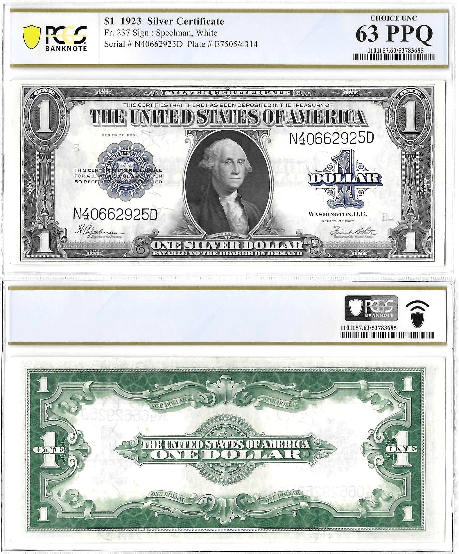 1923 $1 Silver Certificate Fr. 237 PCGS Choice UNC 63 PPQ
