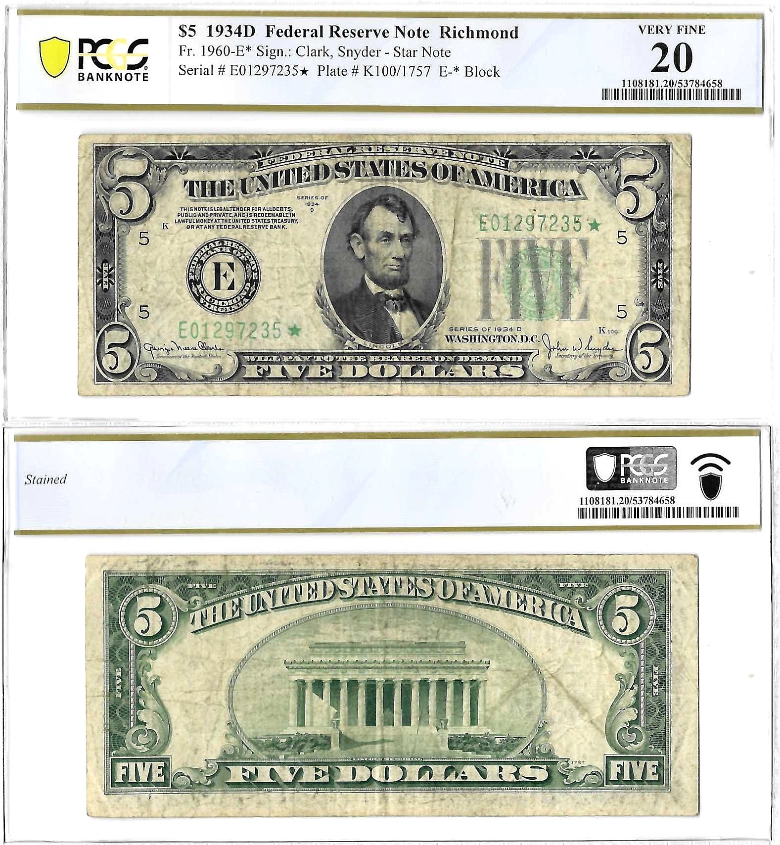 1934-D $5 Richmond District Federal Reserve Star Note Fr. 1960-E* PCGS VF 20