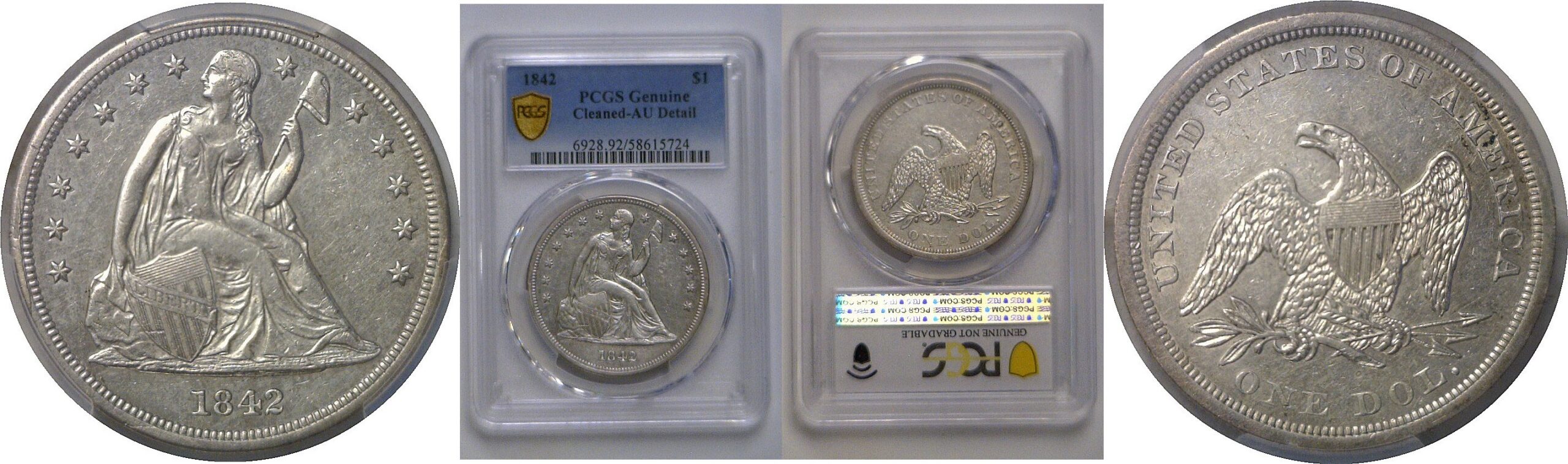 1842  Seated Liberty Dollar   PCGS Genuine   Cleaned-AU Detail