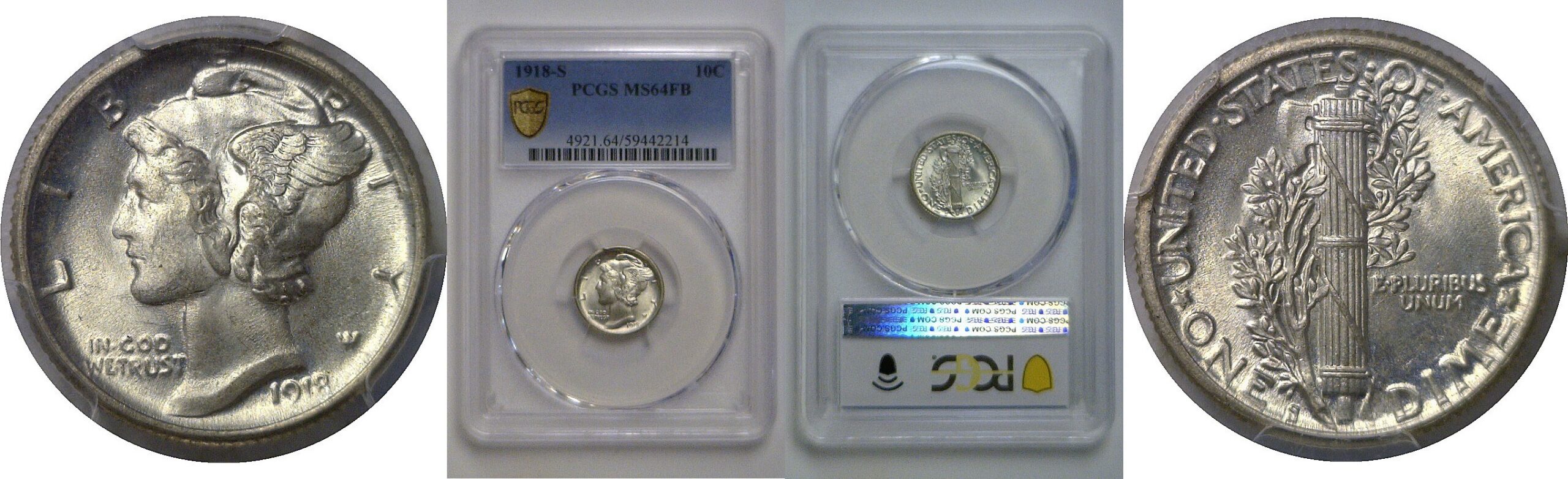 1918-S  Mercury Dime   PCGS MS-64 FB