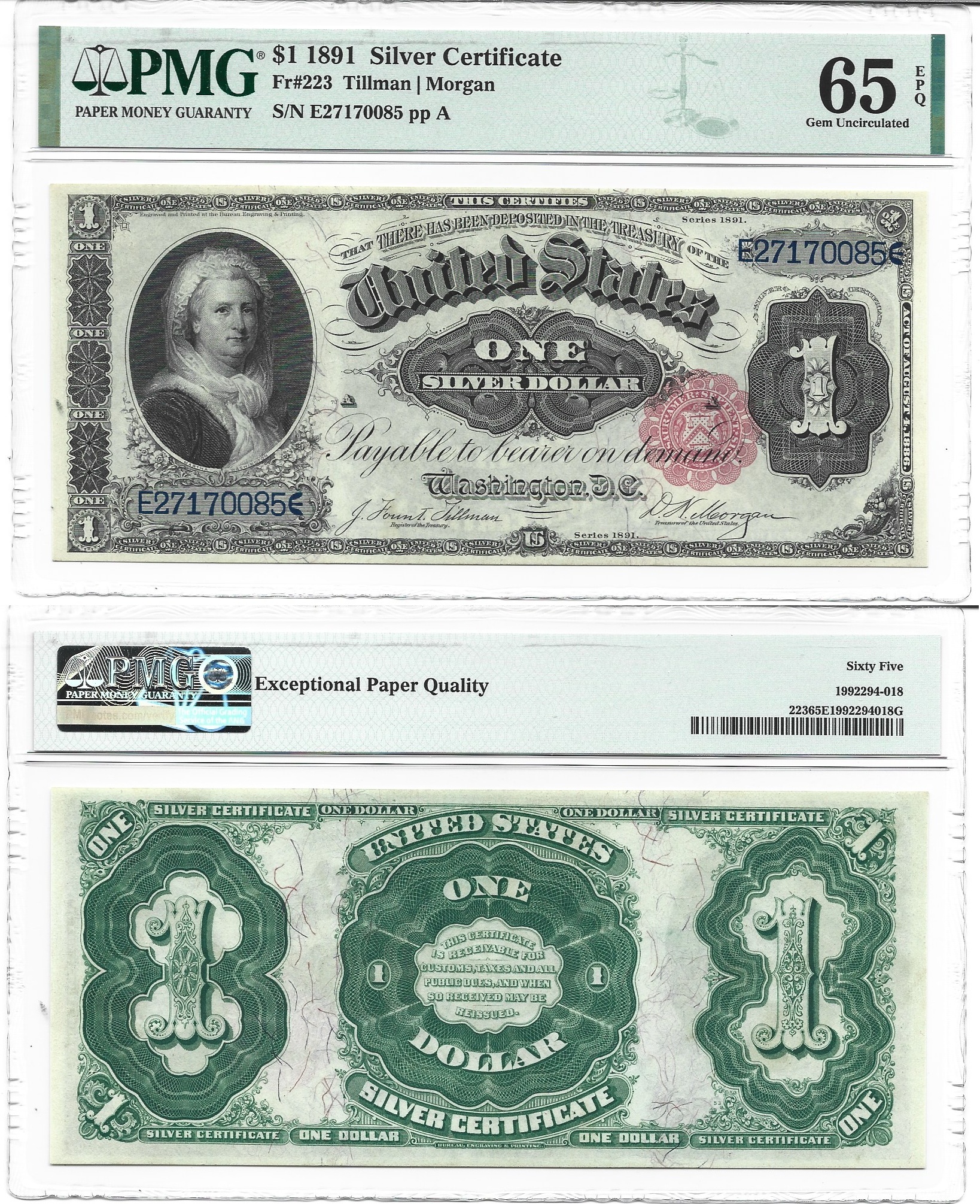 1891 $1 Silver Certificate Fr. 223 PMG Gem UNC 65 EPQ