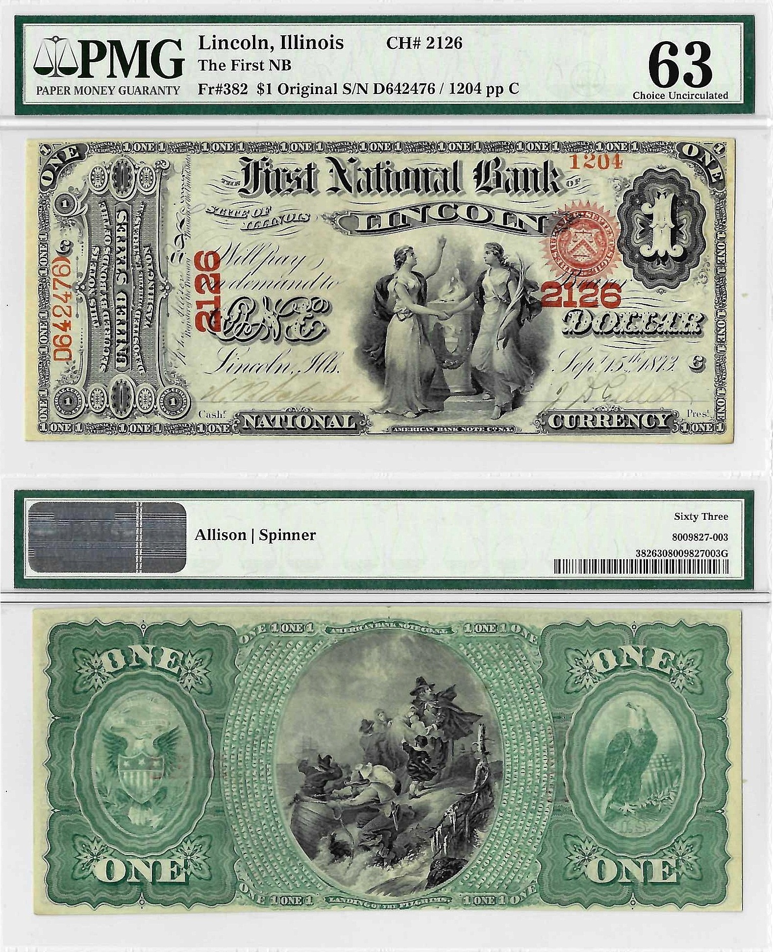 Original $1 First National Bank Of Lincoln Illinois CH# 2126 PMG Choice UNC 63