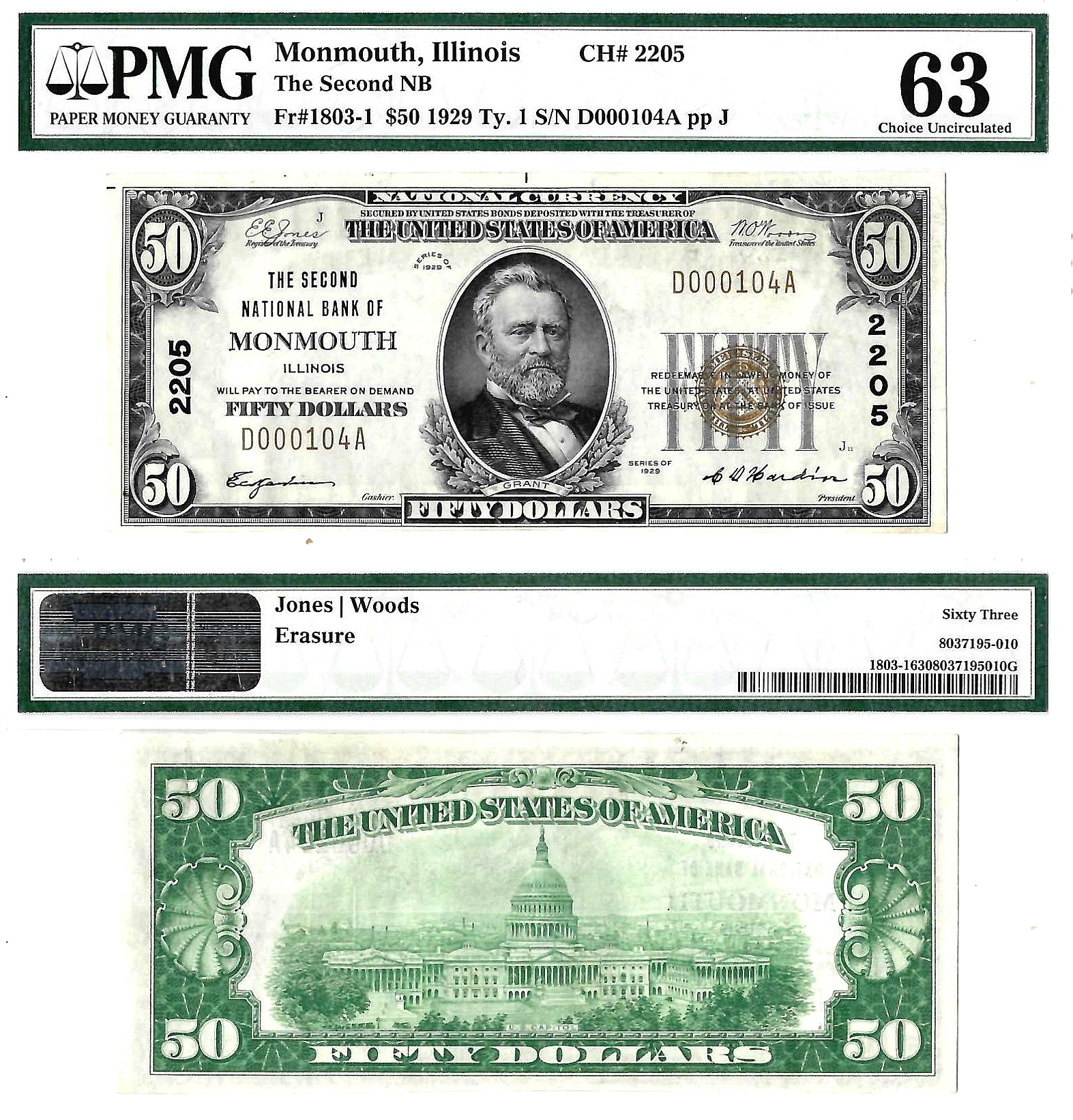 1929 $50 Second National Bank Of Monmouth Illinois CH# 2205 PMG Choice UNC 63