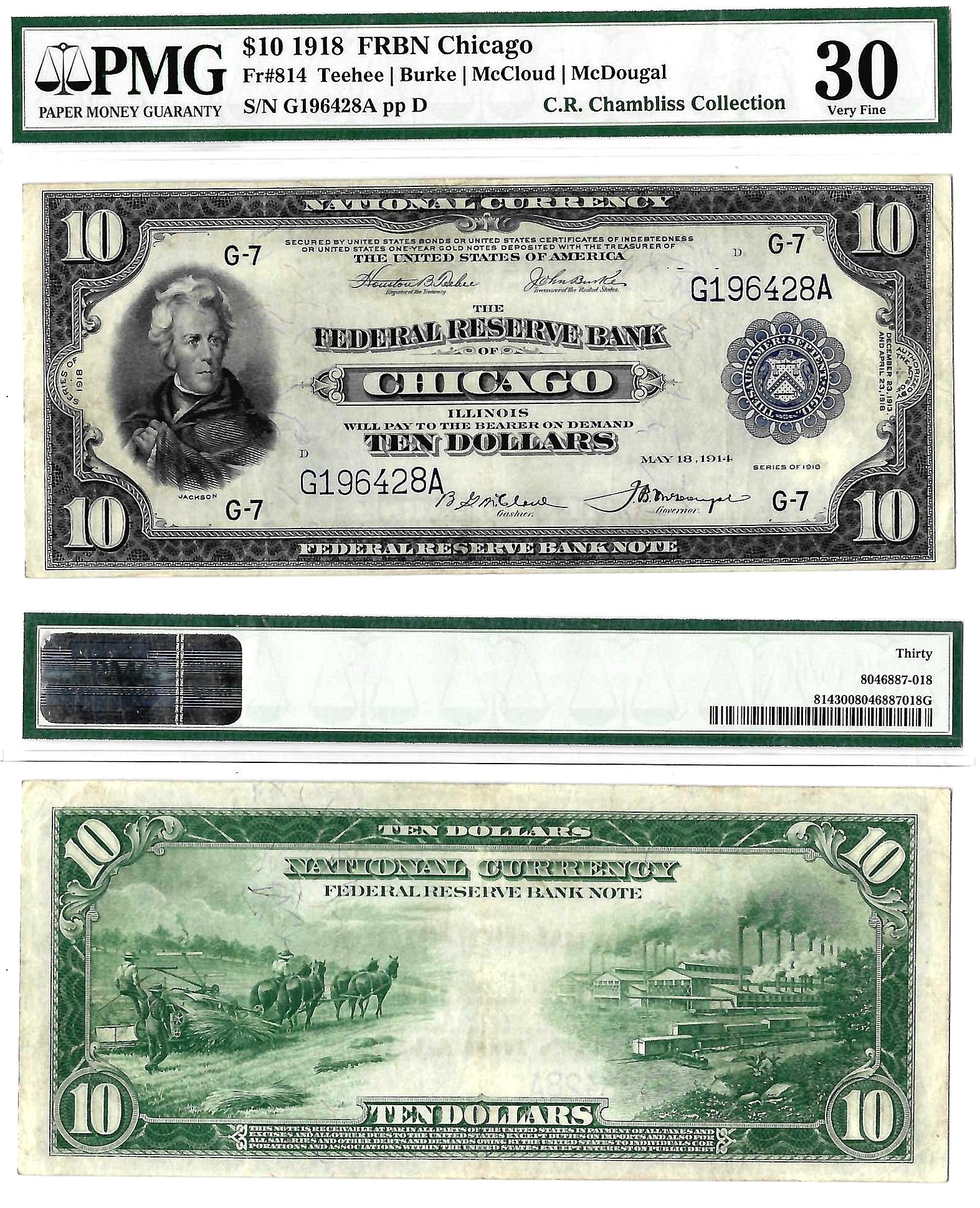 1918 $10 Chicago District FRBN Fr. 814 PMG VF 30